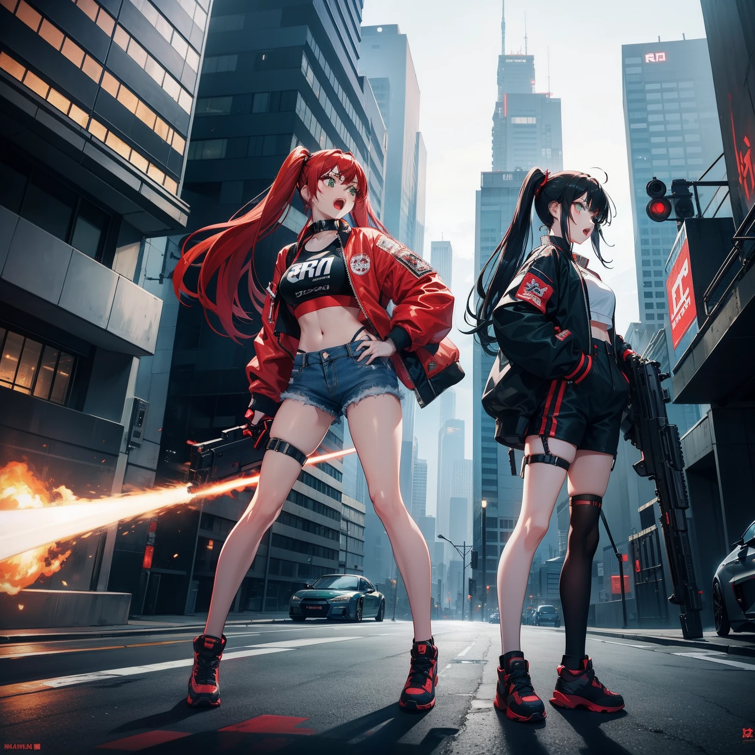 Full body shot, female asian Irina Shidou red hair twintails green eyes, in a cyberpunk city, wearing a bomber jacket and crop top and denim shorts, standing next to a Nissan GT-R, holding a big machine gun, holding a long laser rifle, shooting laser rifle, rapid fire, explosions, running and jumping, open mouth, screaming, frontal shot, side shot, rear shot, back shot, behind shot, masterpiece, highly detailed