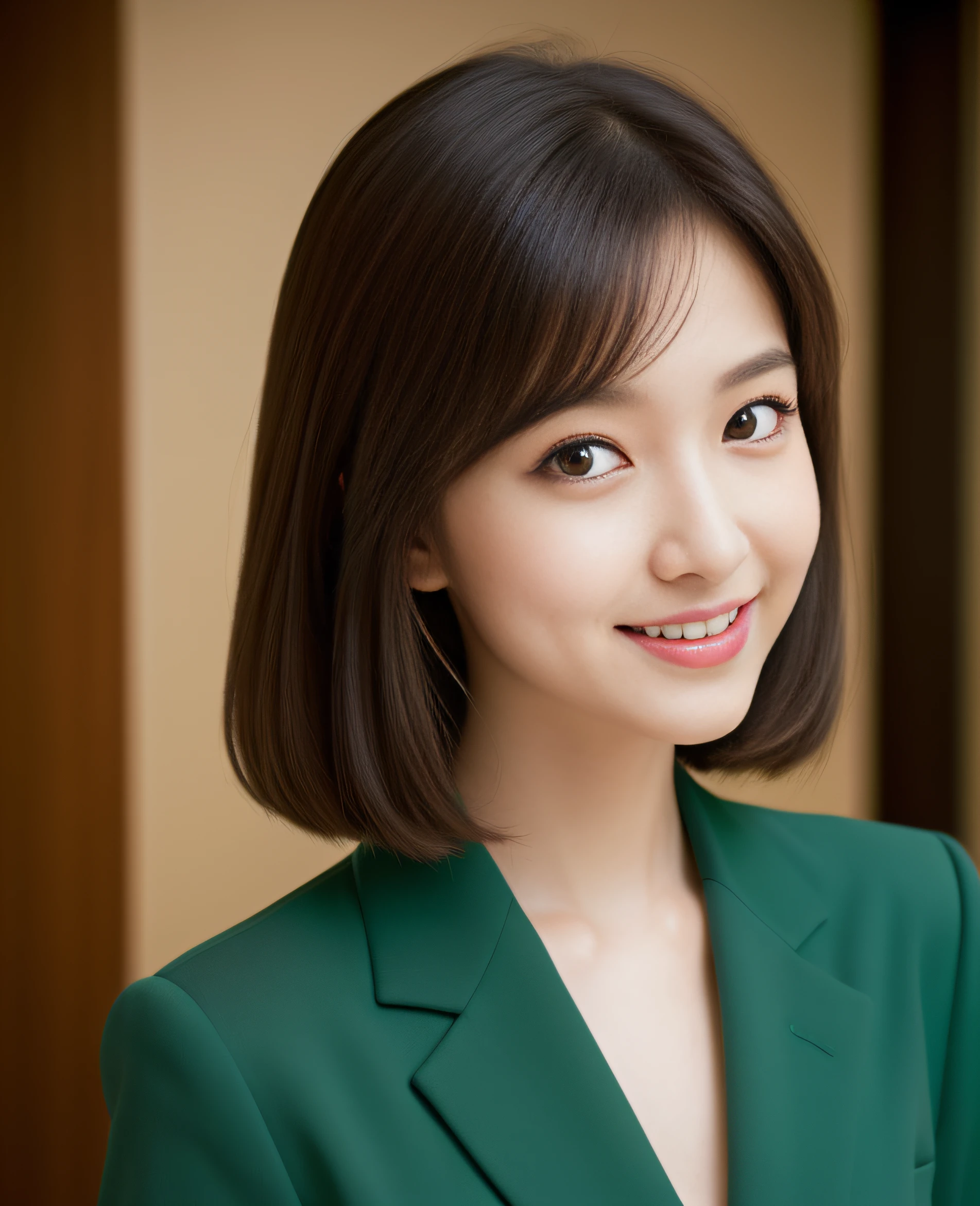 ((best quality, 8K, masterpiece: 1.3)), beautiful girl, pure, melon face, kind and cute, sweet smile, pure desire, slender body, (front), (tilted head), ((looking at camera)) , wearing a green suit, smooth black medium hair, long flowing shoulders, round black big eyes, clear big eyes, moist red lips, sweet, turn around, waist shot, standing in the hotel lobby, hotel background, ((((whole body)))),