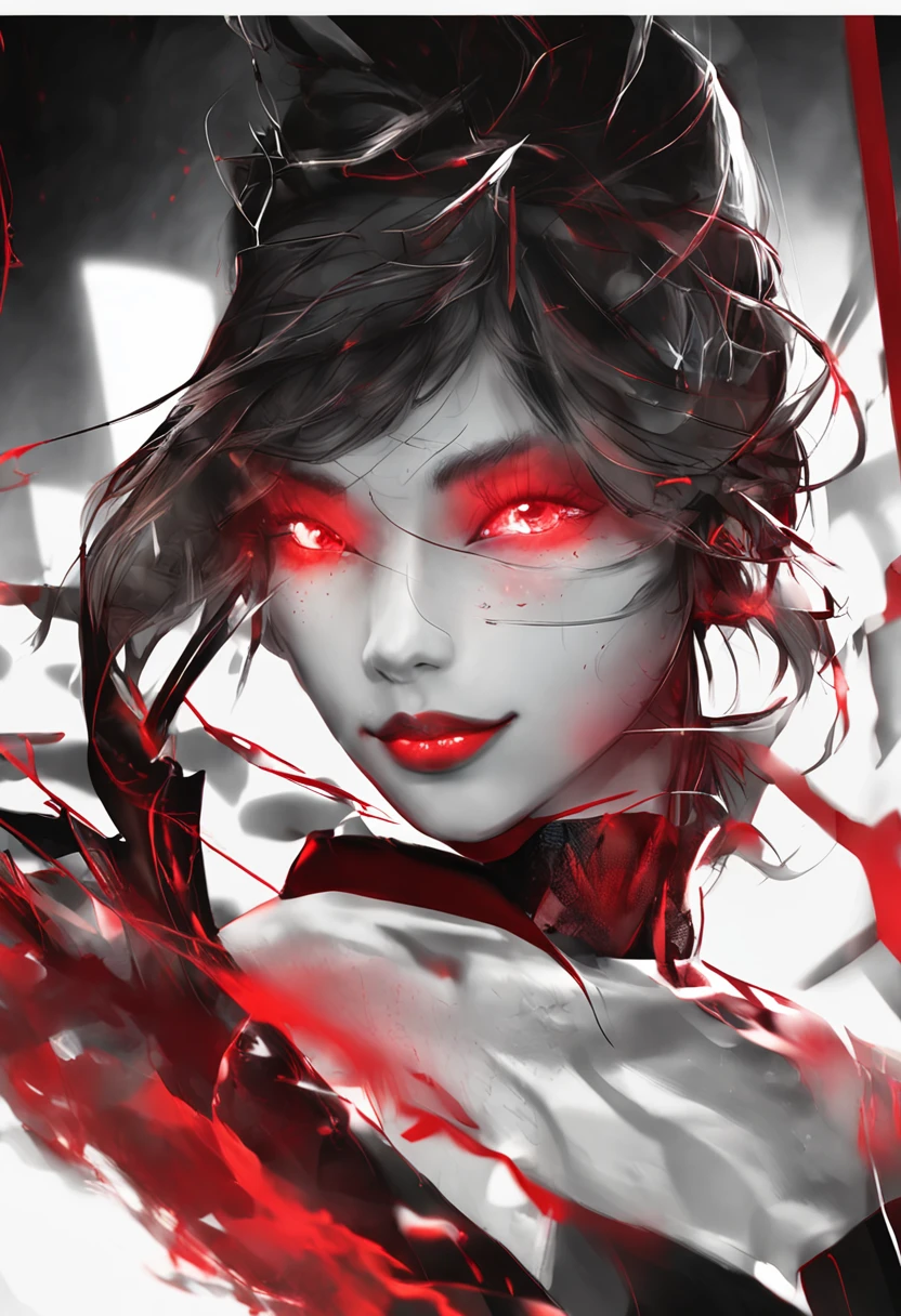 Red eyes,Flashing light in the dark,A sense of mystery,Hyper-realistic details,Unique color combination,Red moist texture,The expression of the character's atmosphere。
