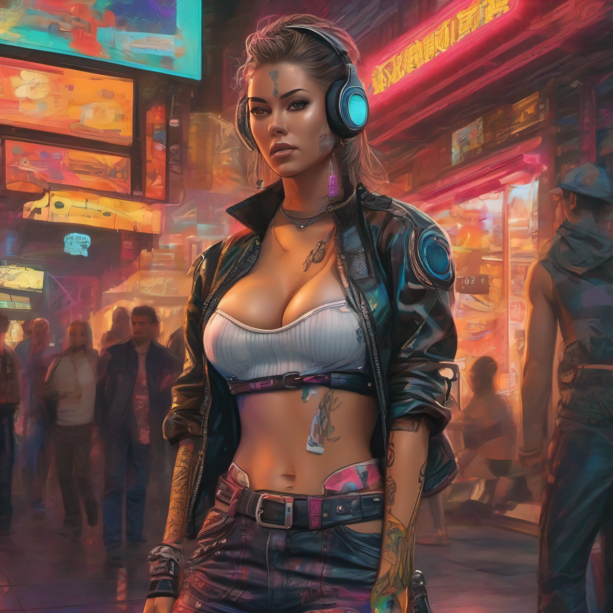 ((Cyberpunk art technique by Josan Gonzalez)), (Art inspired by the technique of Charles Lavesso) , NewYork beautiful Woman in cyberpunk street, ((Best masterpiece in the world)), art rich in colors, ((Realism)), (extremely beautiful girl: 1.5), mature, sexy blond woman, (very big breasts:1.7), (full body), (semi-naked girl), sexy pose, (Crisp face), (one eye is bionic), wearing headphones, random hair lock color, perfect body, strawberry mouth with shine, eyes symmetrical, seductive look, beautiful eyes ultra detailed and with brightness, makeup, perfect hands with 4 fingers and a thumb, full buttocks and rounded medium and laterally, protruding areolas, (pubic hair barely visible), piercing in the navel, tattoos on the body, tattoo style Irezumi, thin waist, tanned skin, shiny skin, hyper detailed skin with visible pores, small discolored body hairs, bionic, legging, (transparent crystal plastic top: 1.2), (transparent plastic bag), (transparent crystal plastic fabric), wet with sweat, (see through fabric), Cyber Punk style jacket, high heel shoes, ((Metropolises night city of Cyber Punk night background extremely detailed: 1.4)), cyber punk walking npcs, parked sport bikes, (billboards: 1.2), glass cover, disco, alley, beach, landscape, neon, wet floor, glow efect, (8k resolution: 1.2), (Canon EOS R6), Artstation trend, Lumen[, sharp, photorealistic art, Ray Tracing, (High Dynamic Range 10 plus), surrealism, shadow, stereogram, Lens Flare light, (hyper realistic light and shadow: 1.2)