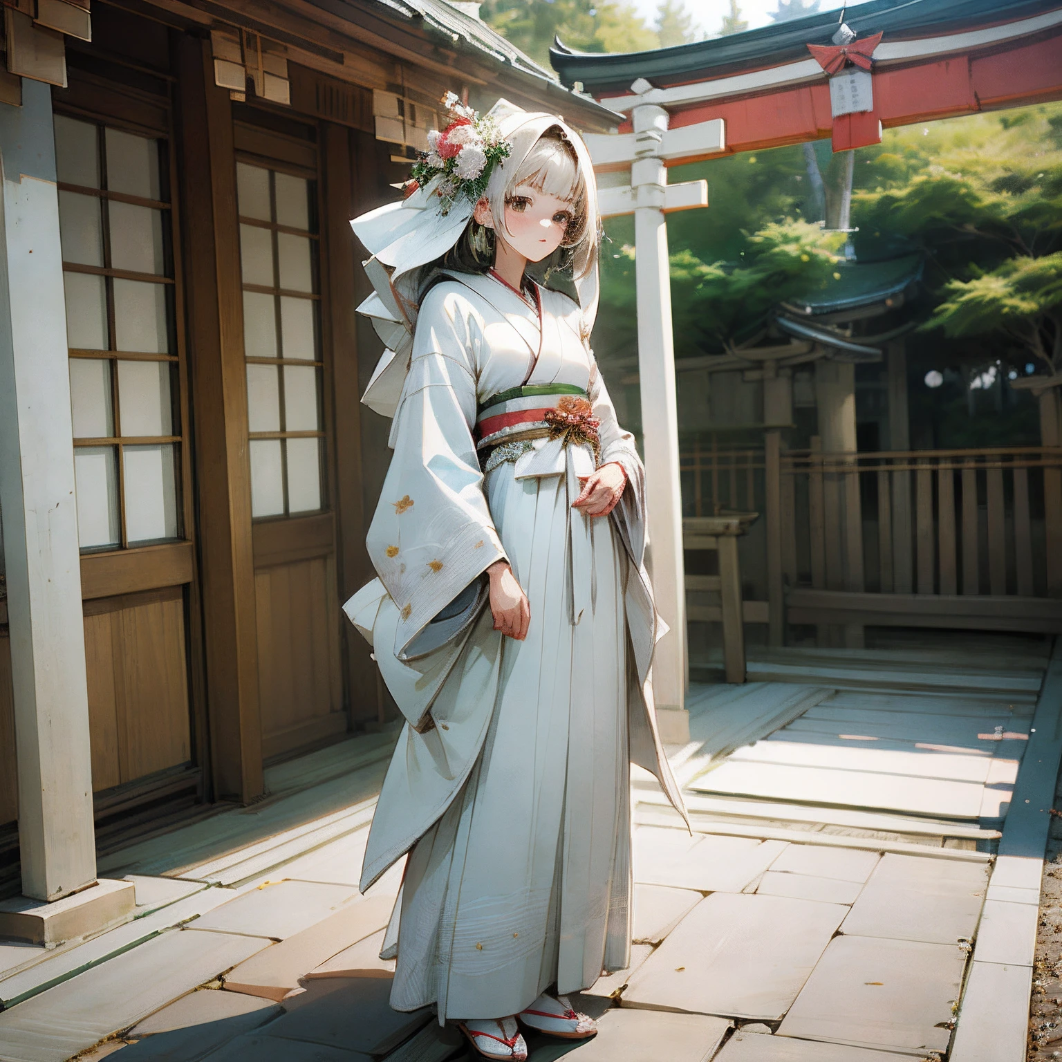 masterpiece, best quality, extremely detailed CG, ultra-detailed, (1girl:1.3), full body, japanese brides, (white wedding kimono dress:1.4), (white-band, wear hood:1.2), (wearing shiromuku:1.4), shrine, torii, Shinto wedding, stand with dignity, out door,