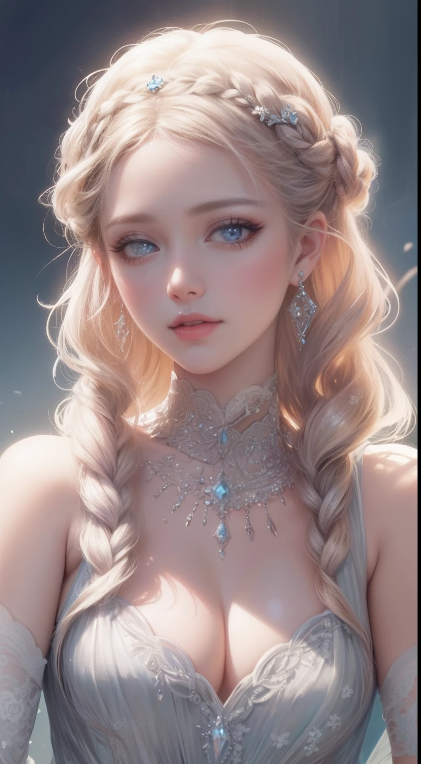 tmasterpiece，Highest high resolution，A bust of a beautiful royal maiden，Delicate braided hair，Coiled hair，Shining clear eyes，The hair is covered with beautiful and delicate floral craftsmanship, crystal、Diamond jewelry filigree，Ultra-detailed details，upscaled，softlighting。