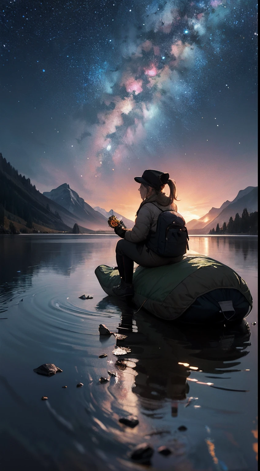 masterpiece, best quality, ultra-detailed, illustration, 1girl, solo, outdoors, camping, night, mountains, nature, stars, moon, bonfire, tent, twin ponytails, green eyes, cheerful, happy, backpack, sleeping bag, camping stove, water bottle, mountain boots, gloves, sweater, hat, flashlight, forest, rocks, river, wood, smoke, shadows, contrast, clear sky, constellations, Milky Way, peaceful, serene, quiet, tranquil, remote, secluded, adventurous, exploration, escape, independence, survival, resourcefulness, challenge, perseverance, stamina, endurance, observation, intuition, adaptability, creativity, imagination, artistry, inspiration, beauty, awe, wonder, gratitude, appreciation, relaxation, enjoyment, rejuvenation, mindfulness, awareness, connection, harmony, balance, texture, detail, realism, depth, perspective, composition, color, light, shadow, reflection, refraction, tone, contrast, foreground, middle ground, background, naturalistic, figurative, representational, impressionistic, expressionistic, abstract, innovative, experimental, unique