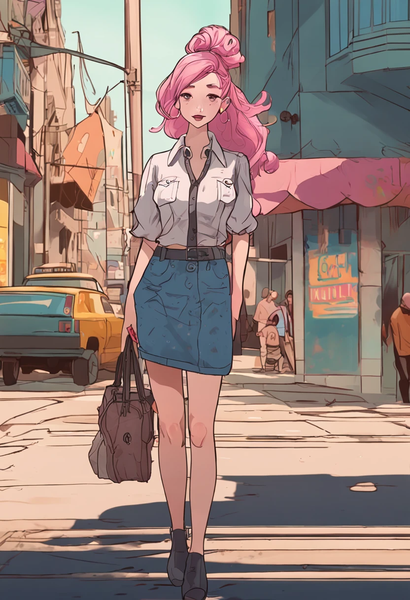 Anime, Classic American Taste, Tall mother, Pink hair, T-shirt, jean skirt, Solo,kindly smile、during daytime