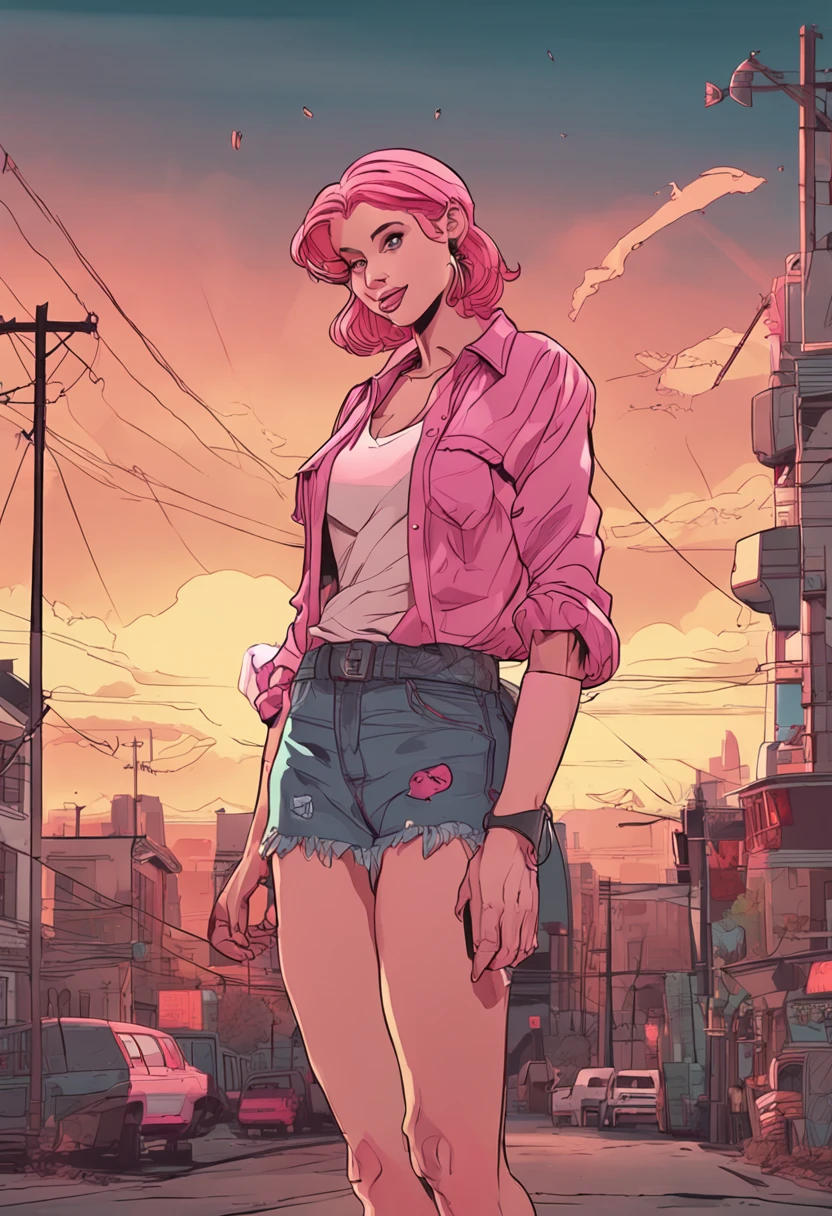 Anime, Classic American Taste, Tall mother, Pink hair, T-shirt, jean skirt, Solo,kindly smile、during daytime