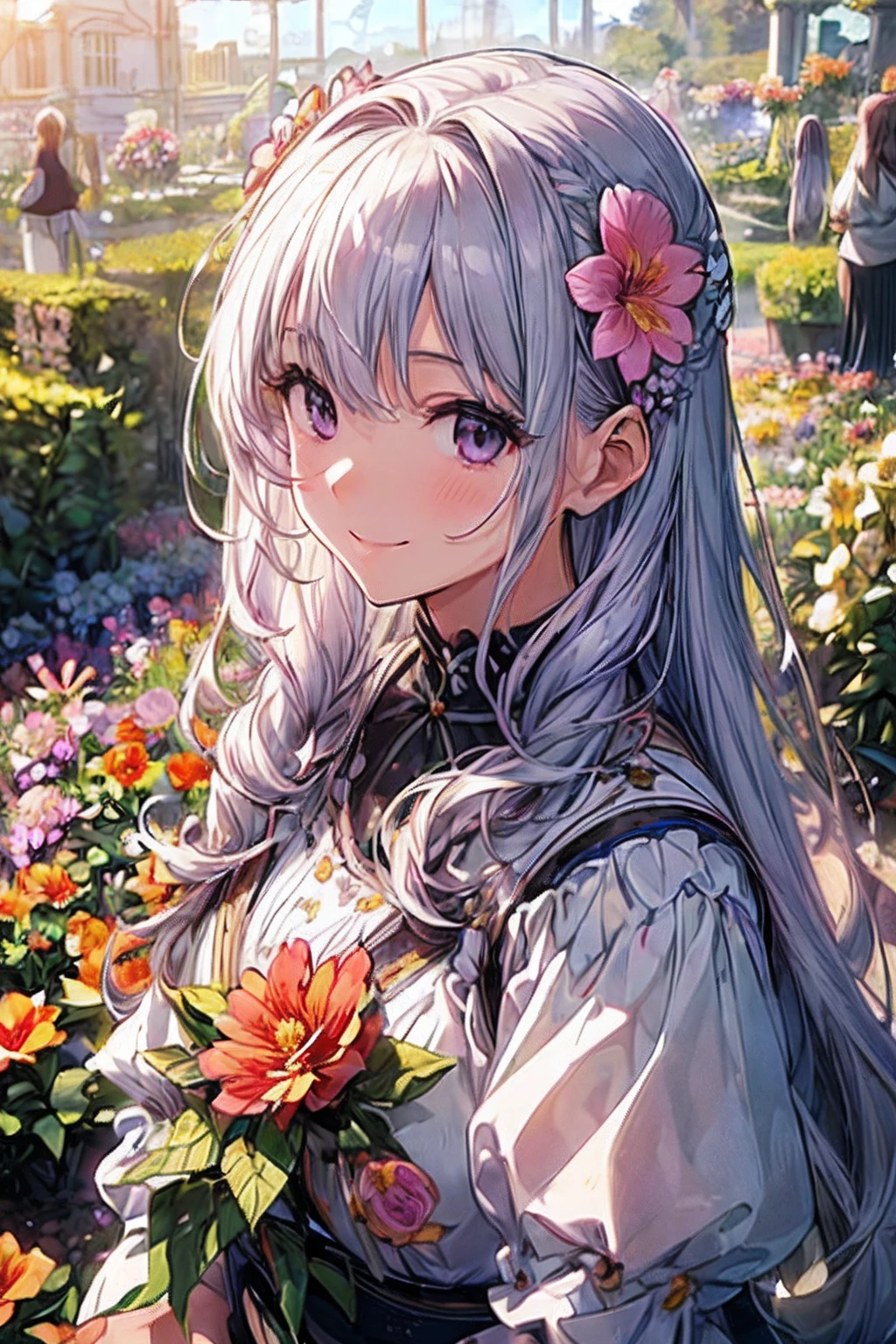 (((masterpiece)))、(((top-quality)))、((ultra-detailliert))、(illustratio)、((extremely delicate and beautiful))、Bright smile、floating、purple color hair、(Detailed light) (1girl in)、、独奏、The long-haired、The wind is blowing、A WORLD、(cute eye)、 hight resolution, (Official art, Beautiful and aesthetic:1.2), (Close View:1.2), Front composition, (Long hair:1.2), Gray hair, Wavy Hair, Smile, (Everywhere in the flower garden:1.6), (Flower Effects:1.2), (Floral background:1.2), (Background filled with flowers:1.4), (Fancy backgrounds:1.1),