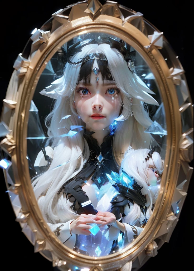 Female, beautiful,long white hair , crying,Trapped inside a broken mirror,Wearing clothes made of crystals, a hollow chest that emits black magic , realistic, ultra detail, perfect face, perfect eyes,8k, ultra HDR, photography,Wears a mirror crown,best quality
