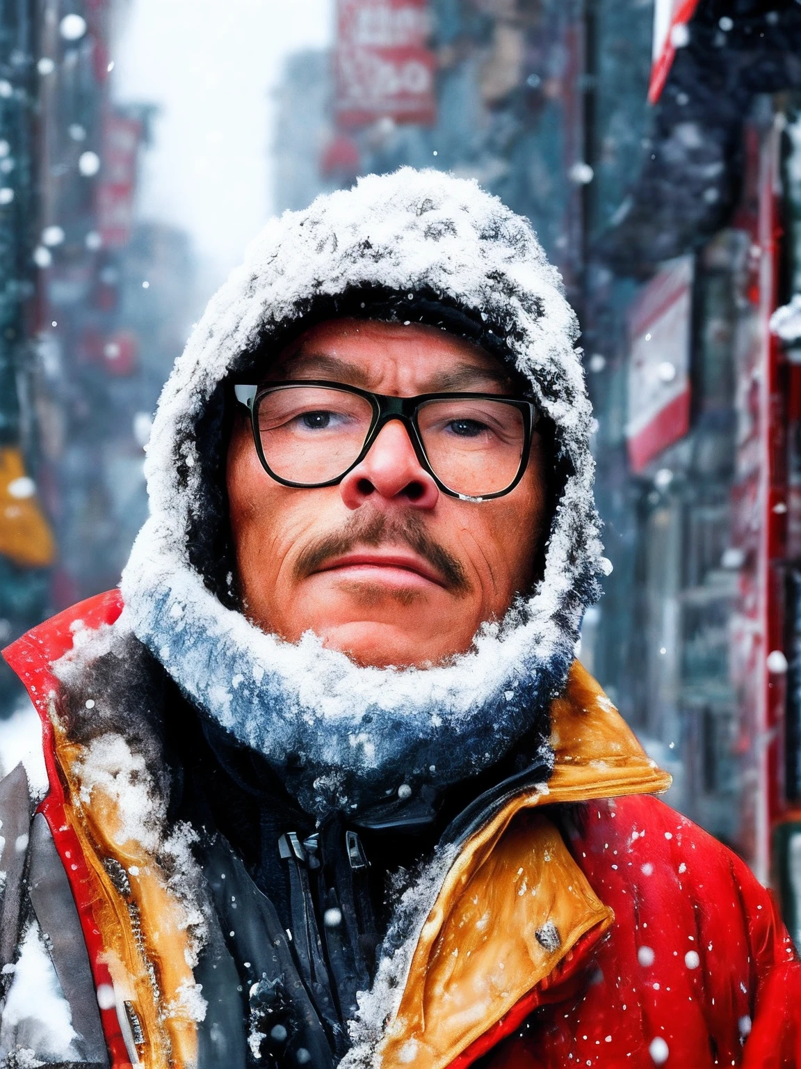 A hyper-realistic scene with a man wearing glasses;, com uma xicara de cafe fumegante na mao, Dress in thick hooded Eskimo clothes. His face is detailed, displaying the effects of extreme cold with an icy appearance. He has his arms crossed and wears thick gloves to protect himself from the cold. The scenery is snowy, Icy city where it's actively snowing. Essa cena hiper-realista, captured in ultra-high definition (8k), depicts the intense cold and hardships faced in this icy Arctic environment.