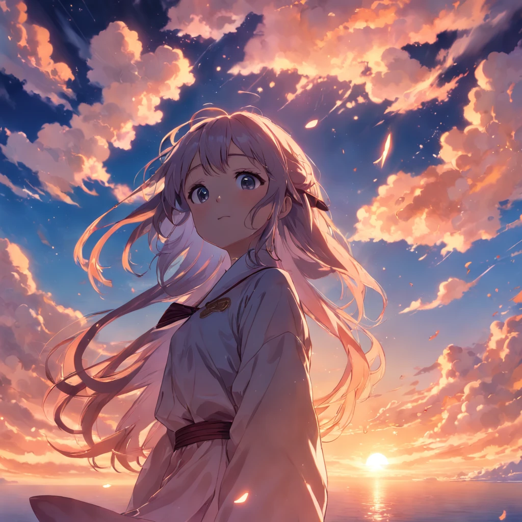 master-piece, beste-Qualit, movie still, 1girls, cloud girl, floating in the sky, closeup, shining, happy, Warm soft lighting, sunset