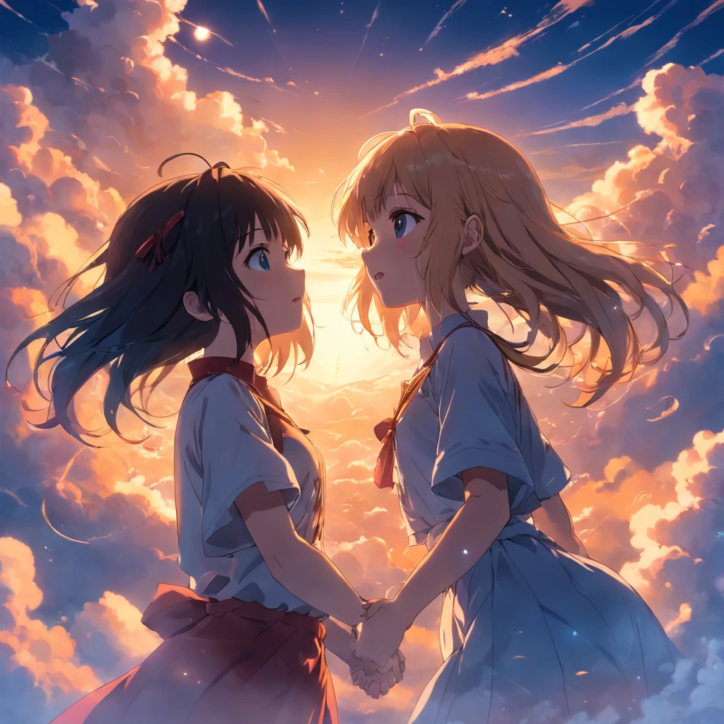 master-piece, beste-Qualit, movie still, 1girls, cloud girl, floating in the sky, closeup, shining, happy, Warm soft lighting, sunset