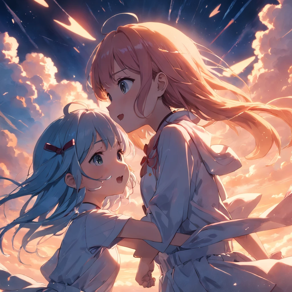 master-piece, beste-Qualit, movie still, 1girls, cloud girl, floating in the sky, closeup, shining, happy, Warm soft lighting, sunset