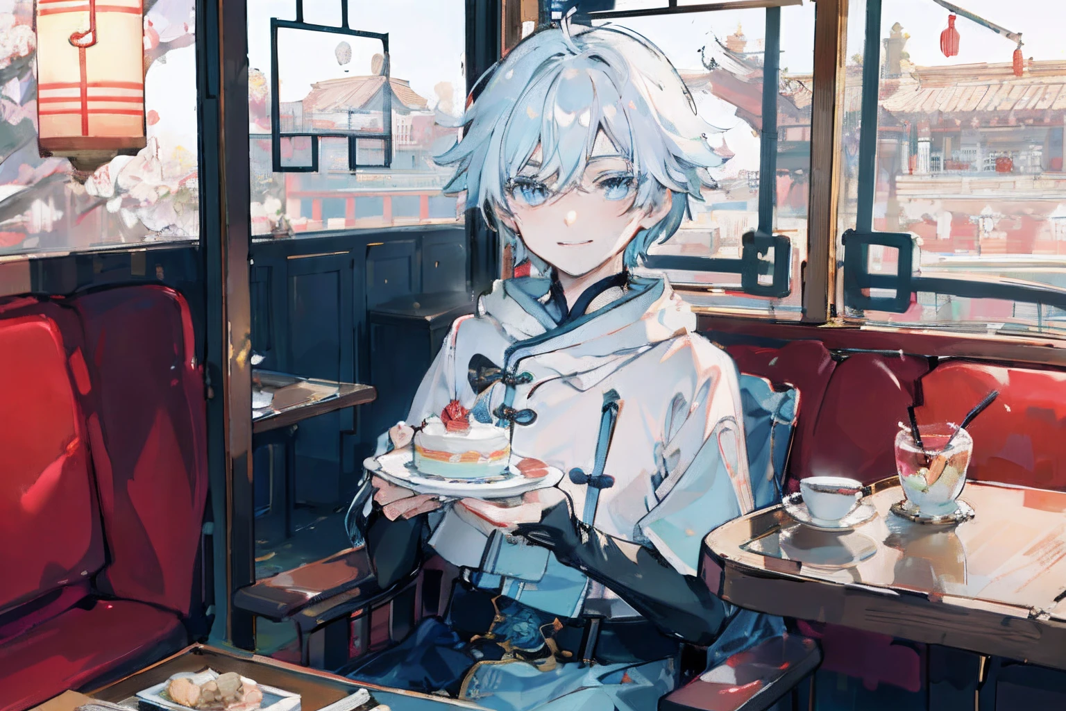 ray tracing,{best quality}, {{masterpiece}}, {highres}, original, extremely detailed 8K wallpaper, {an extremely delicate and beautiful},incredibly_absurdres,colorful,intricate detail,artbook,flower, 1 boy, light blue hair, light blue eyes, white eyelashes, white outfit, holding a cake in his hands, shy smile, old vintage chinese cafe restaurant