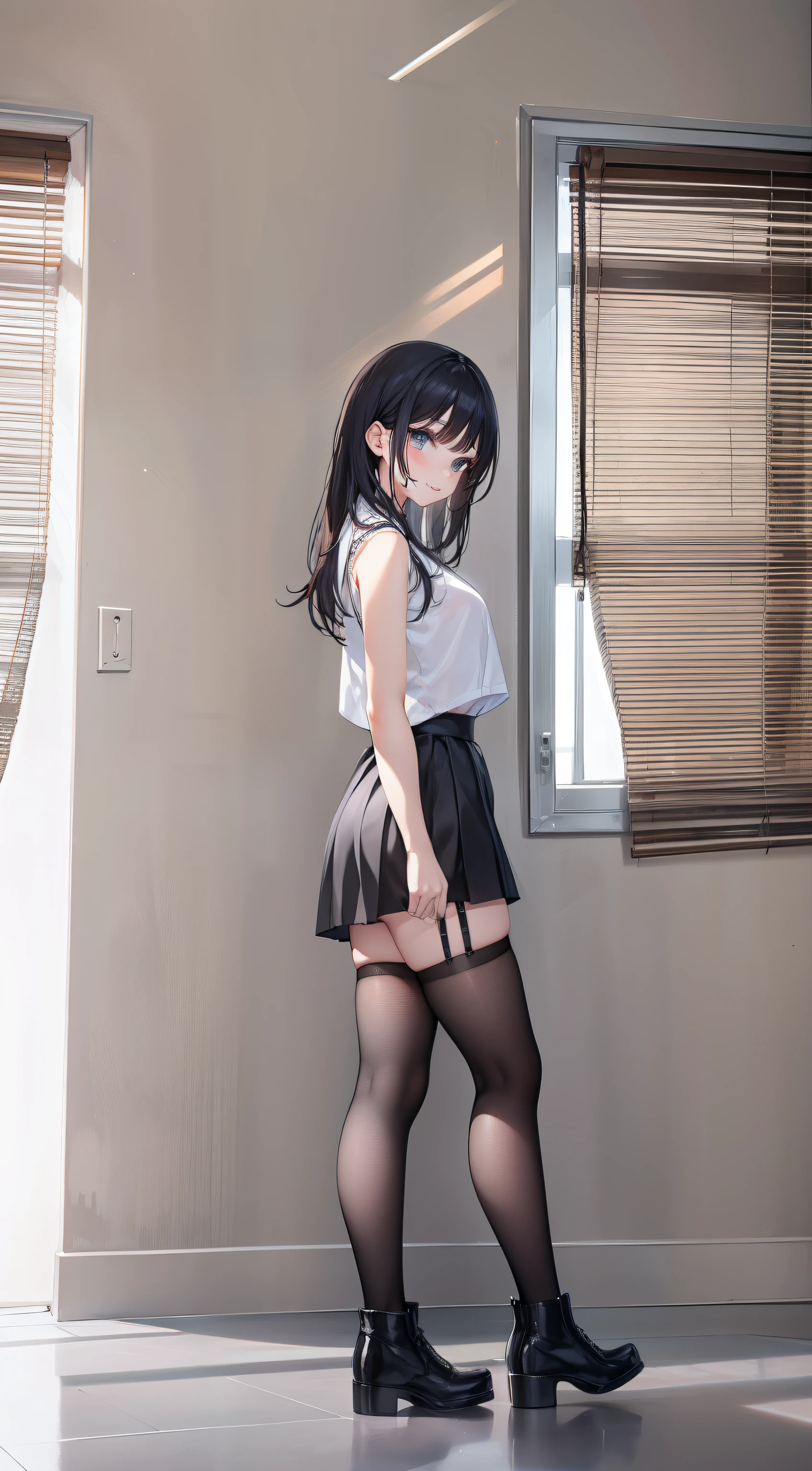 there is a woman standing in a room with a window, side pose, 2 4 female model, wearing skirt, with backdrop of natural light, thighhighs and skirt, black skirt, casual pose, sexy look, full body picture, in shorts, full body cute young lady, short skirt, wearing black shorts, wearing a tanktop and skirt, beautiful eyes, clear face, pretty face, beautiful face, good hand, good eyes, good nose, good mouth