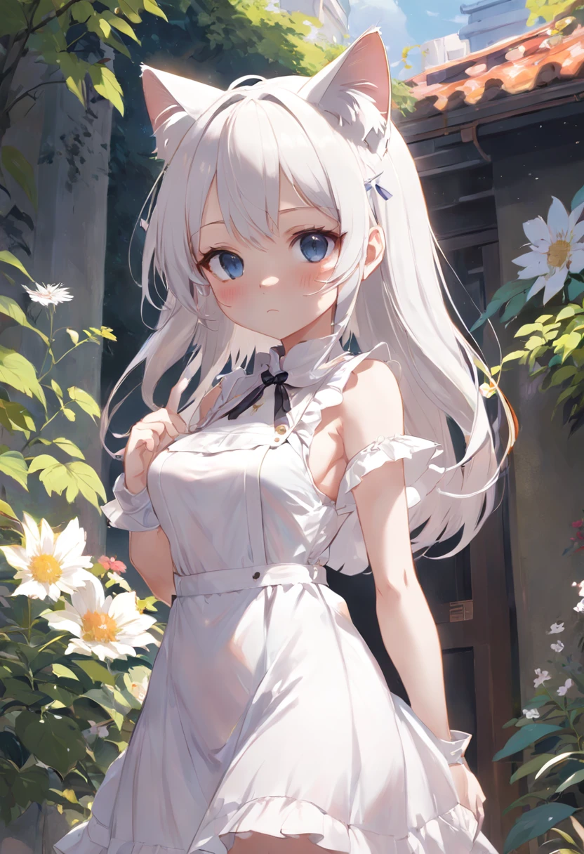 Anime cat-eared girl in white dress standing in garden, Lori in dress having breakfast, small curvy loli, artwork in the style of guweiz, guweiz on pixiv artstation, guweiz on artstation pixiv, guweiz, small loli girl, soft anime illustration, Anime visuals of cute girls, Detailed Digital Anime Art