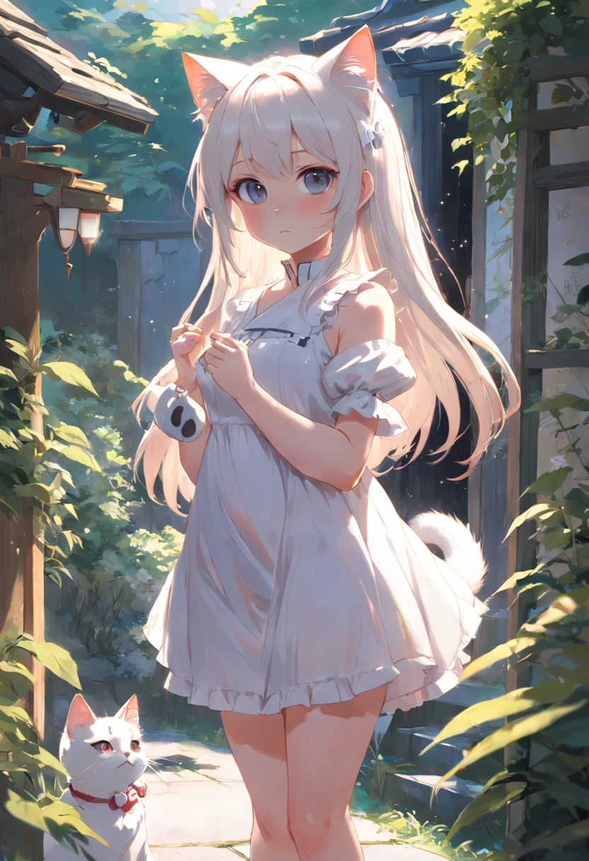 Anime cat-eared girl in white dress standing in garden, Lori in dress having breakfast, small curvy loli, artwork in the style of guweiz, guweiz on pixiv artstation, guweiz on artstation pixiv, guweiz, small loli girl, soft anime illustration, Anime visuals of cute girls, Detailed Digital Anime Art