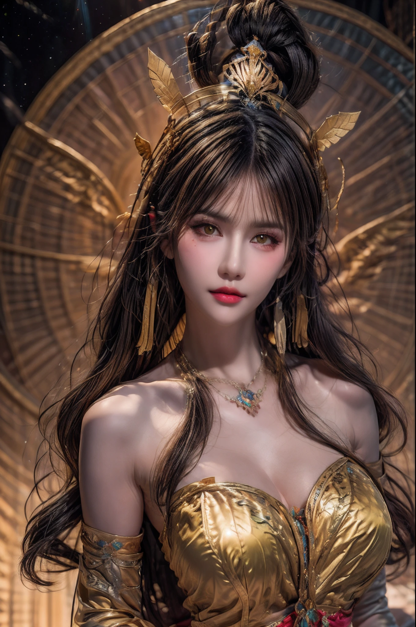 ((((topless)))), nsfw, ultrarealistic portrait of a y busman, Ghea Youbi, smile, and black hair, supermodel korean woman,wearing gold crafted headpiece, 8k photographic style filigree fractal details intricate ornate outfit hypermaximalist sharp focus, dramatic lighting, highly detailed and intricate, hyper maximalist, ornate, luxury, elite, haunting, matte painting, cinematic, cgsociety, James jean, Brian Froud, Ross Tran