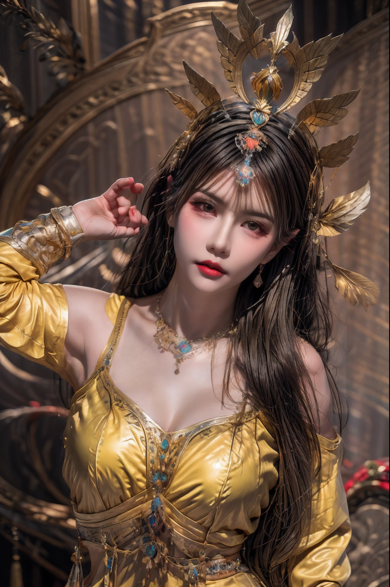 sunflower花田,20 years old,full of sunshine,splendid,sunflower女神(oriental goddess),Big breasts,Long hair ponytail,sunflower長身裙, hand basket,bouquet(sunflower),
