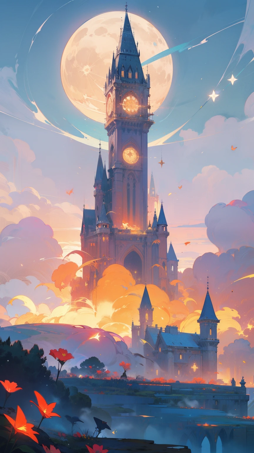 landscape, masterpiece,gorgeous, horizont,magic, tower, fire, flowers, artistic, red, dust, moon, best quality, colorful, reflections, fog, house, cosmic,fireflys,mosnter, deatiled,intricate, nature, ((no_humans)), star dust, flowers. particles