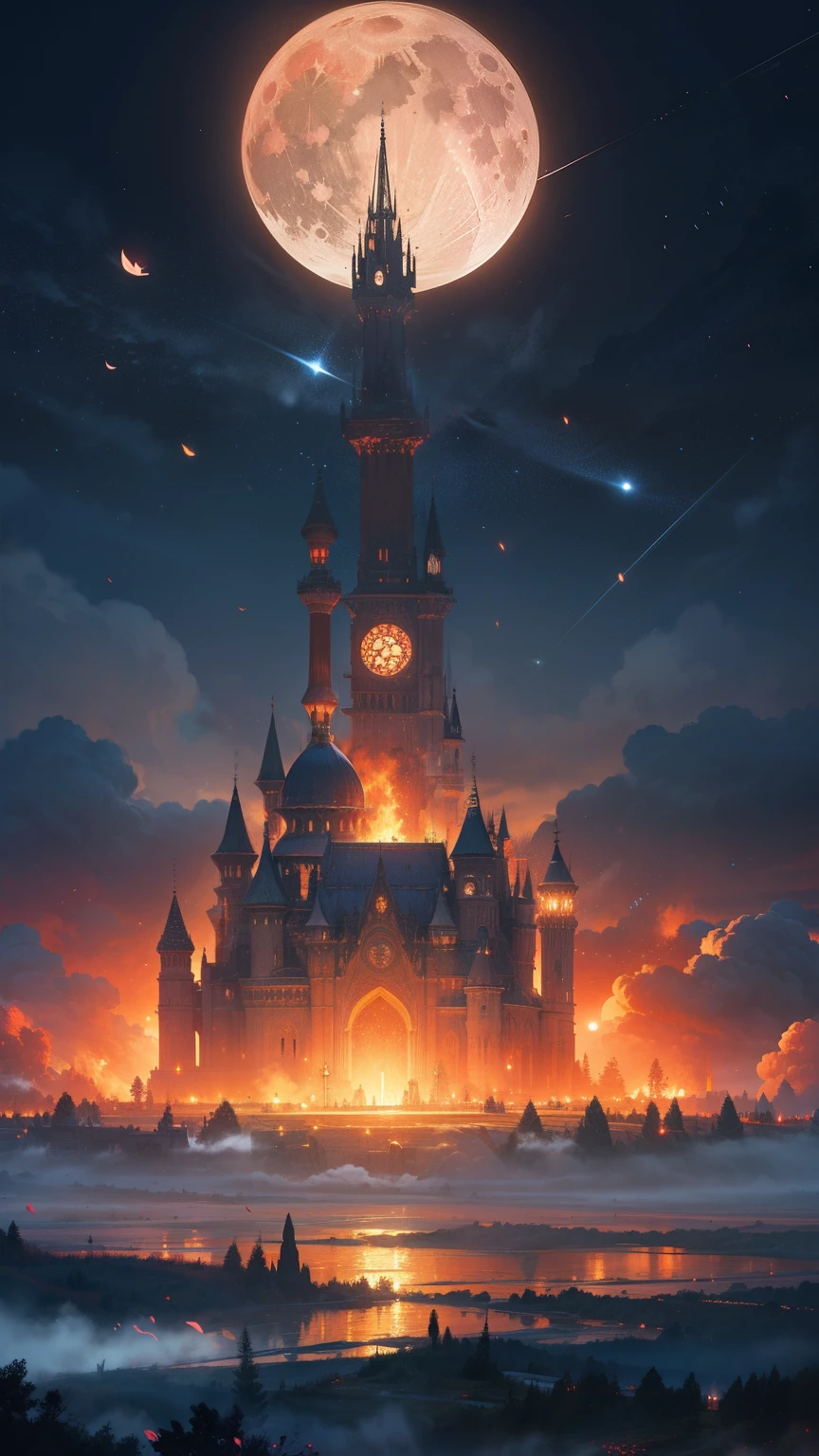 landscape, masterpiece,gorgeous, horizont,magic, tower, fire, flowers, artistic, red, dust, moon, best quality, colorful, reflections, fog, house, cosmic,fireflys,mosnter, deatiled,intricate, nature, ((no_humans)), star dust, flowers, particles, digital art