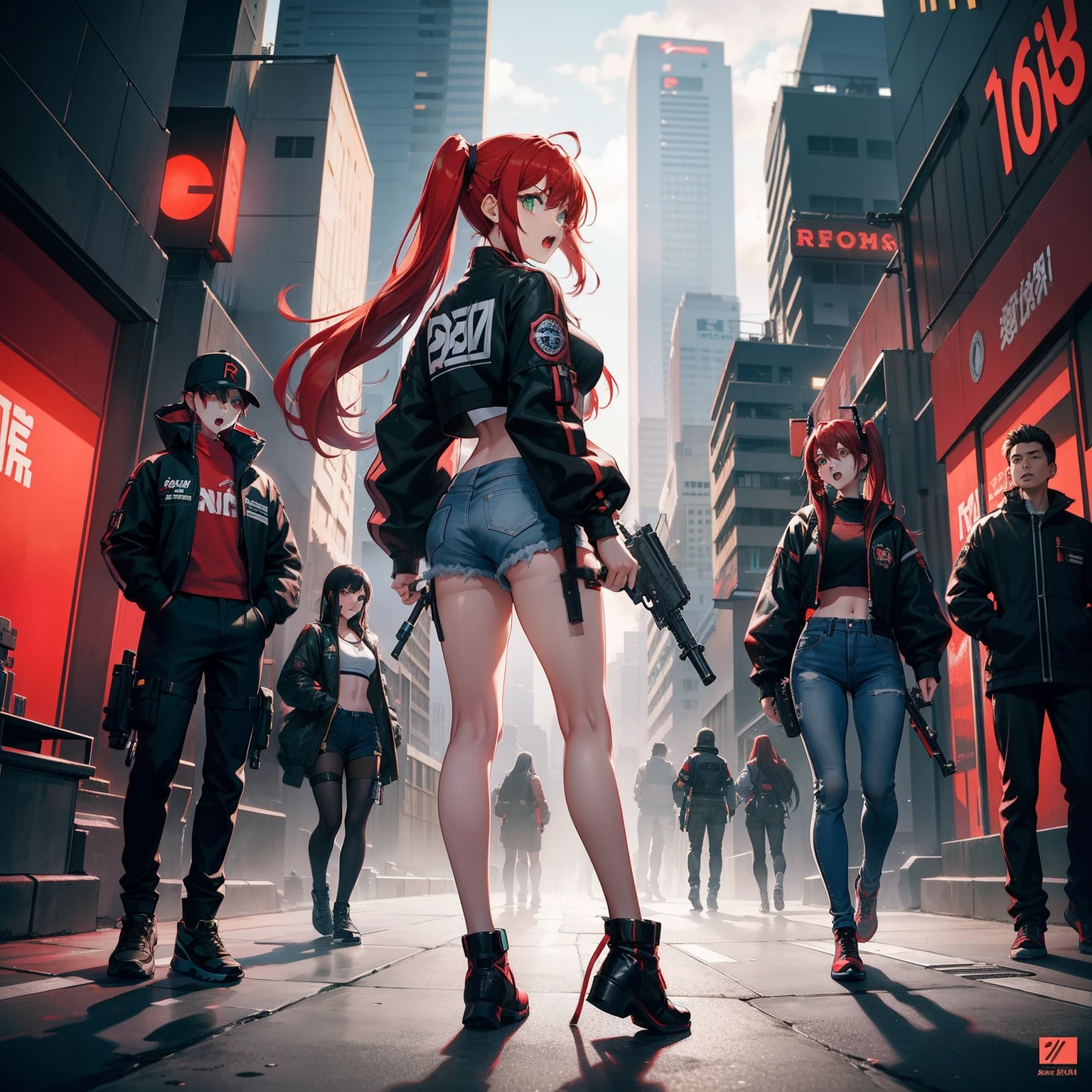 Full body shot, female asian Irina Shidou red hair twintails green eyes, in a cyberpunk city, wearing a bomber jacket and crop top and denim shorts, standing next to a Nissan GT-R, holding a big machine gun, holding a long laser rifle, shooting laser rifle, rapid fire, explosions, running and jumping, open mouth, screaming, frontal shot, side shot, rear shot, back shot, behind shot, masterpiece, highly detailed