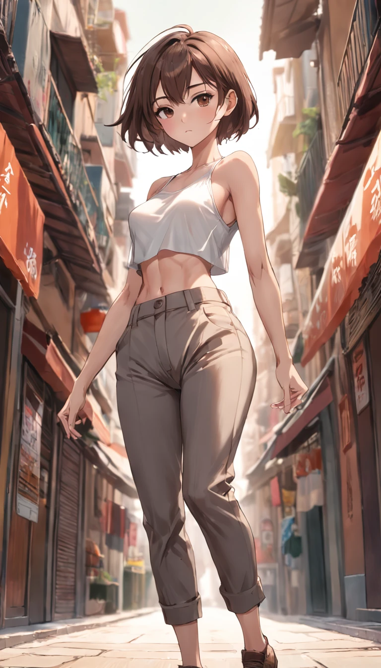 Beautiful young slim Spanish woman half body wide angle professional photo, One slim woman walking in natural pose, ((Front left photo)), (((Perfect slim and flat tummy display))), ((Brown Short Hair)), (((Grey Tight Waist Harlem Pants))), ((Crotch visible above the waist of harem pants)), ((White Tite Holter Crop Top)), cleavage, Power Round Breast, Thigh gap, Slim legs, ((Sexy slim waist show)), ((Hip display)), ((belly button showing)), Landscape nature background, Low depth of field, vanishing point, Bright light photography, Real Casual Photography, Natural Relaxing Poses, Realistic natural style, Centered, Symmetrical, Knee shot from the photo below, Wide Angle, Nikon Z9 35mm F1.8, David Lazare and Joel Santos