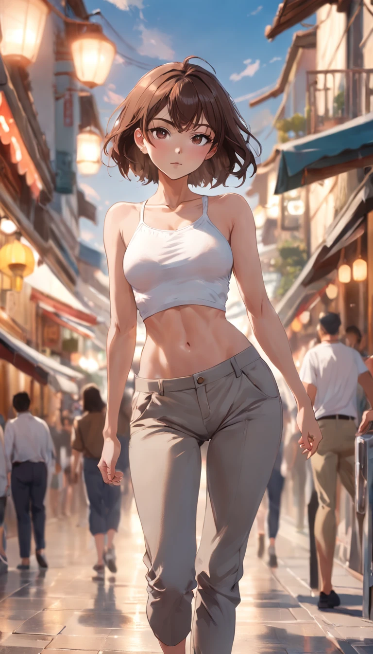 Beautiful young slim Spanish woman half body wide angle professional photo, One slim woman walking in natural pose, ((Front left photo)), (((Perfect slim and flat tummy display))), ((Brown Short Hair)), (((Grey Tight Waist Harlem Pants))), ((Crotch visible above the waist of harem pants)), ((White Tite Holter Crop Top)), cleavage, Power Round Breast, Thigh gap, Slim legs, ((Sexy slim waist show)), ((Hip display)), ((belly button showing)), Landscape nature background, Low depth of field, vanishing point, Bright light photography, Real Casual Photography, Natural Relaxing Poses, Realistic natural style, Centered, Symmetrical, Knee shot from the photo below, Wide Angle, Nikon Z9 35mm F1.8, David Lazare and Joel Santos