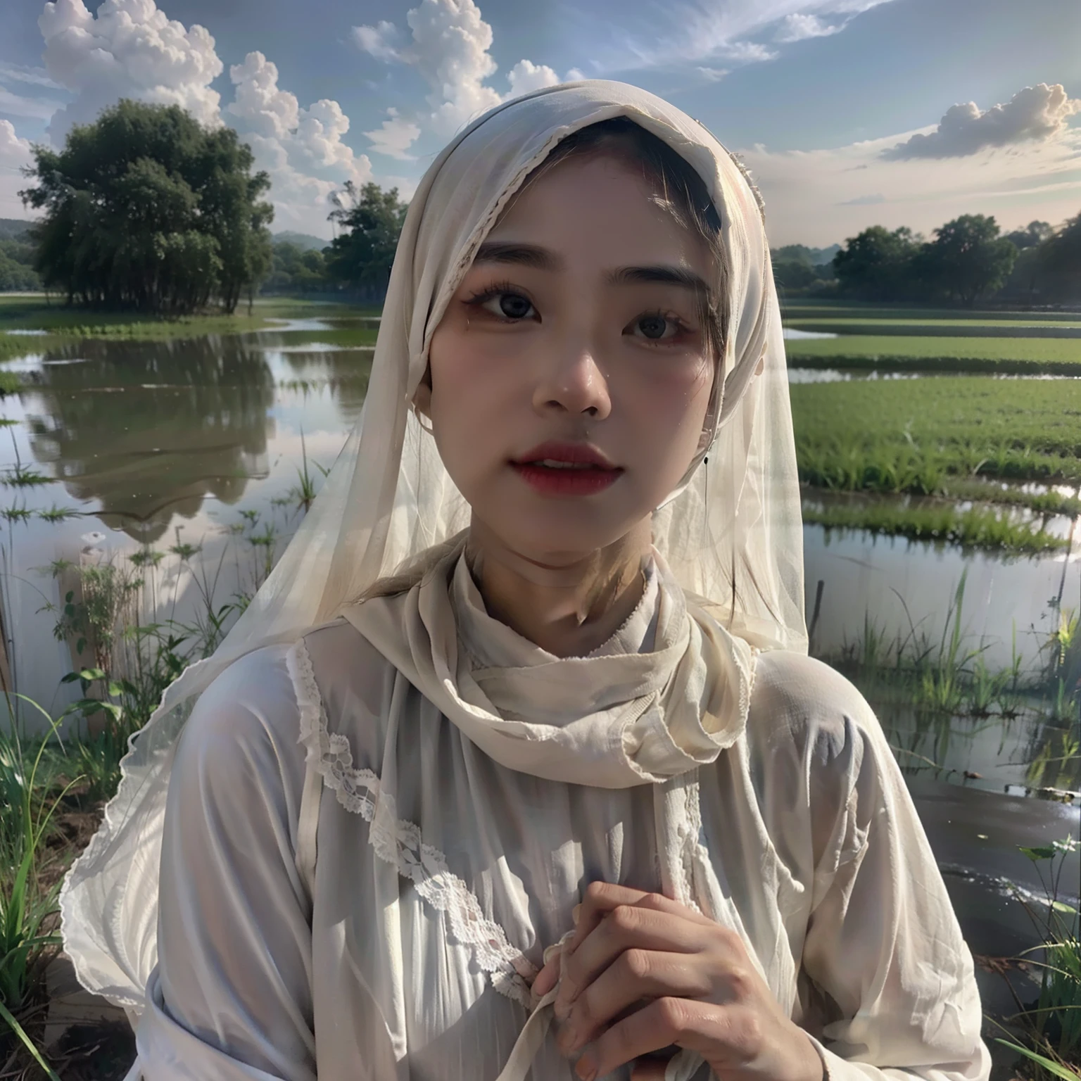 hazy light and shadow, aestheticism, melancholic film, (cloudy), 1 malay girl with hijab, white hijab, emotional depth, Torn lingerie、Muddy and lying in the middle of a rice field、Sadness face, Skin full of abrasions、Realistic dirty skin texture、mud、Covered in mud、Sunburned skin、poverty、Unhappy life