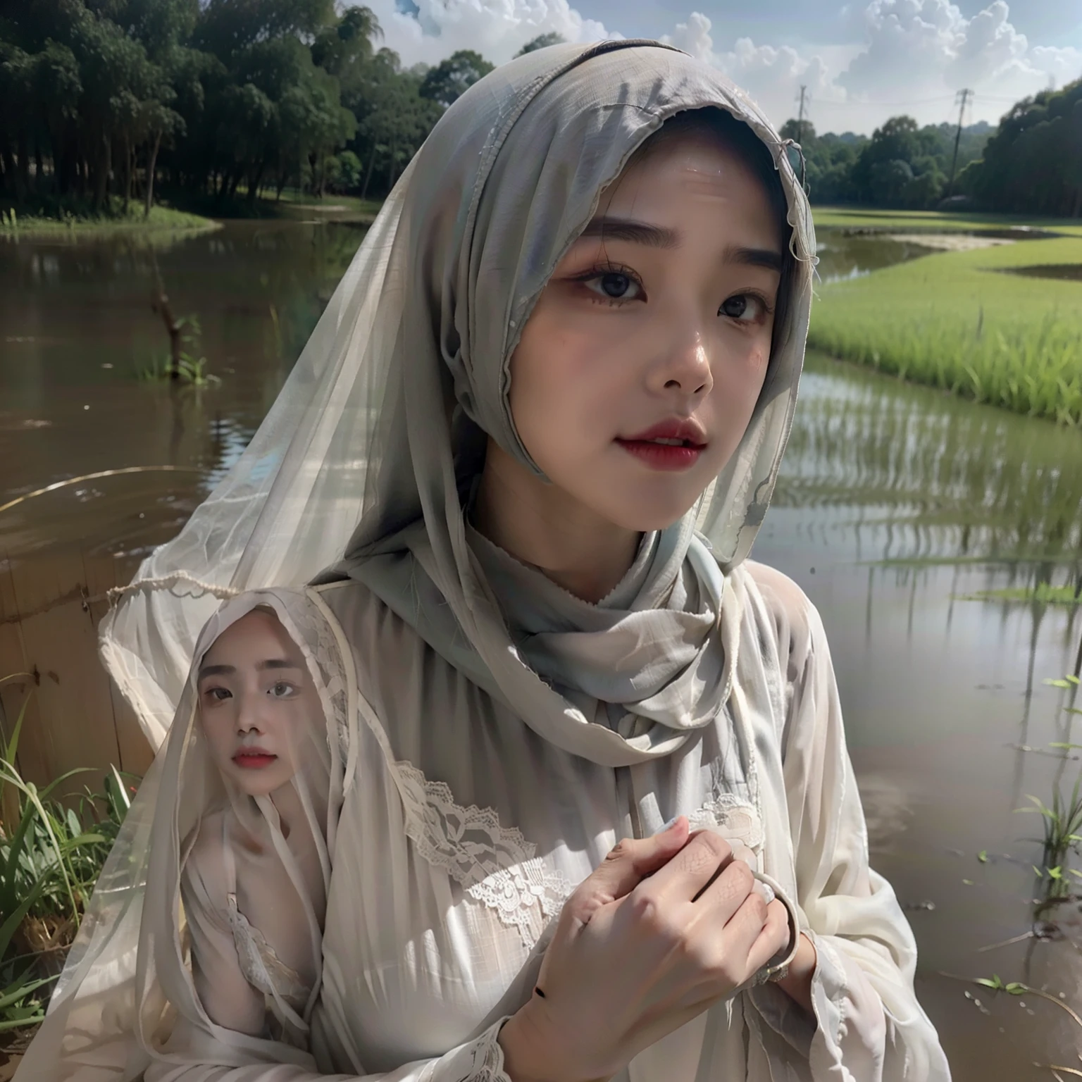 hazy light and shadow, aestheticism, melancholic film, (cloudy), 1 malay girl with hijab, white hijab, emotional depth, Torn lingerie、Muddy and lying in the middle of a rice field、Sadness face, Skin full of abrasions、Realistic dirty skin texture、mud、Covered in mud、Sunburned skin、poverty、Unhappy life