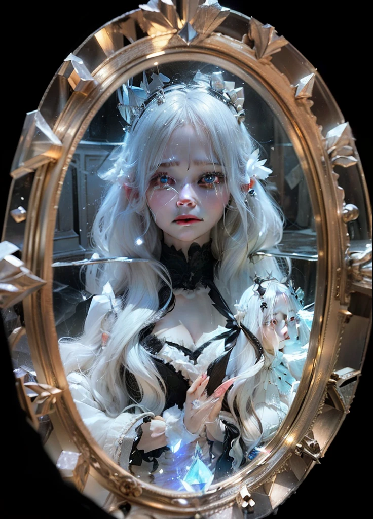 Female, beautiful,long white hair , crying,Trapped inside a broken mirror,Wearing clothes made of crystals, a hollow chest that emits black magic , realistic, ultra detail, perfect face, perfect eyes,8k, ultra HDR, photography,Wears a mirror crown,best quality