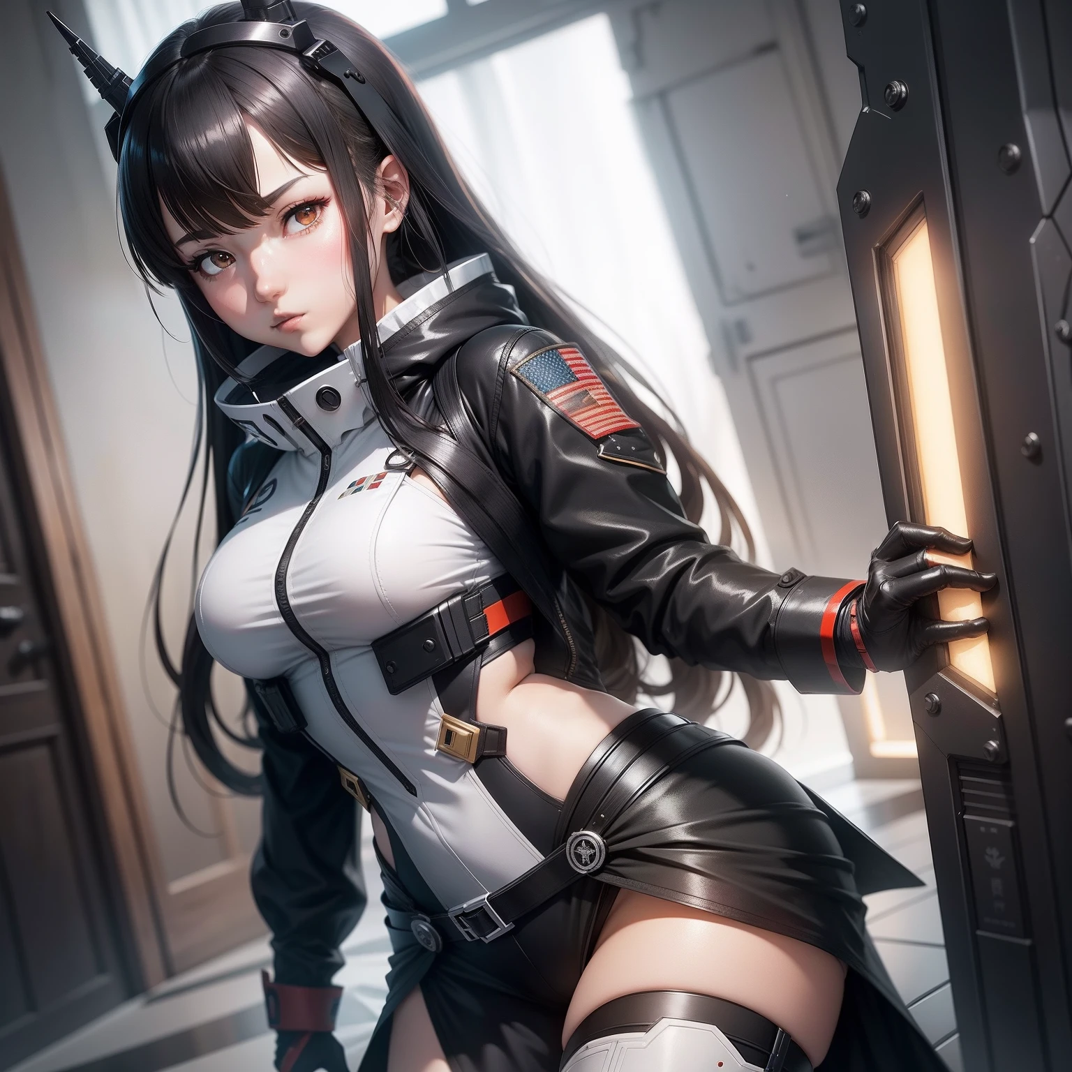 Black-haired mech girl，Inspired by the J-20 fighter，Mecha are mainly gray seductive anime shoujos, Anime figure; Full-body art, White skin，Chu Chu can be a man without losing the firmness of the warrior，The left hand holds a 130 cm long black metal spear，The right hand holds a black unicorn shield，Putting on a stern posture，Girls Frontline CG, lollipop, from girls frontline, kancolle, last exile anime,  Fine details. Girl Front, Kantai collection style, Girl Front, Official artwork