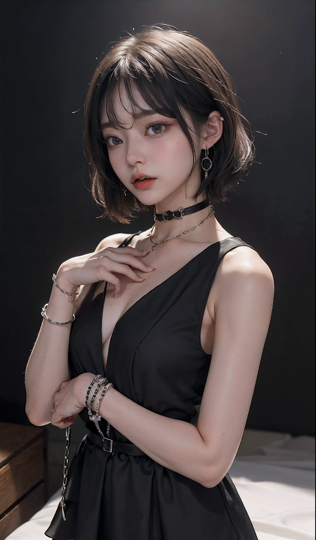 (natta)、((Top Quality、masterpiece:1.3))、edgy:1.2、Perfect Body Beauty:1.4、((Layered hairstyle))、(Black dress:1.3)、(night scene:1.2)、(chaining:1.3)、Highly detailed facial and skin texture、A detailed eye、Double eyelidd、((Short length hair))、A boy、cool、((Unisex))、large eyes、necklaces、bangss、((One Woman))、Black eyes、wristband、chokers、rings、chain accessories、color々From an angle、cuff、