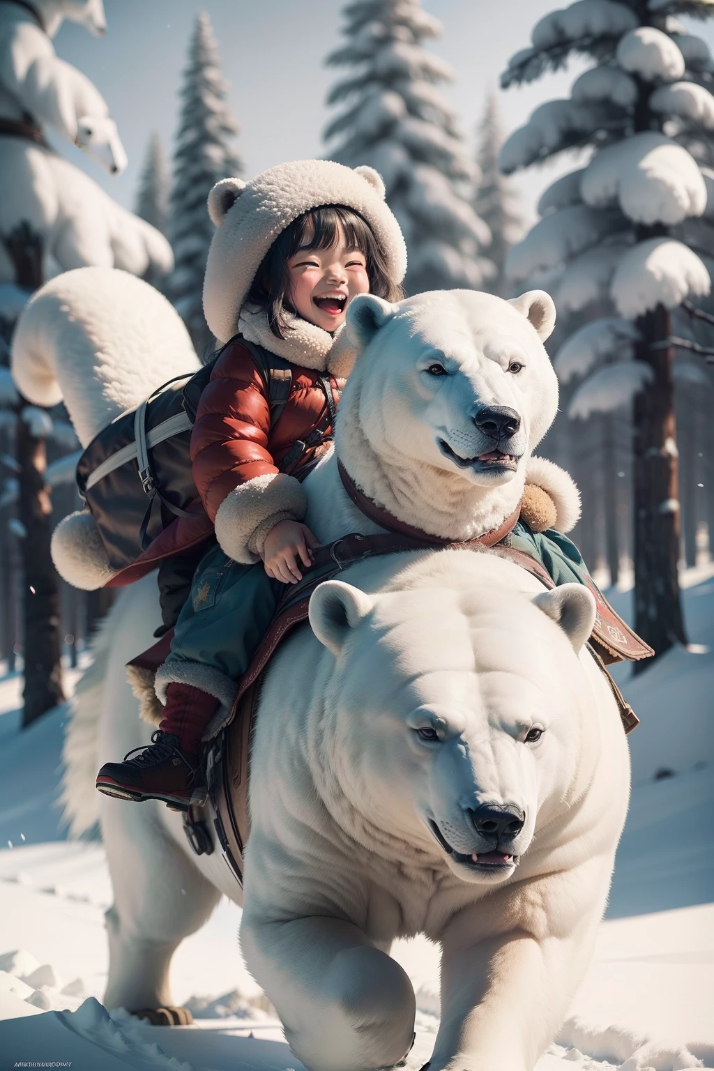 A very dynamic scene. A huge polar bear rides on the back of a little Eskimo girl of 4 years old. The girl is very cheerful, laughs broadly and waves his hands affably. The girl is dressed in national northern clothes. a closeup of a. a lot of details. Disney Pixar's cartoon style. super realistic. Cinematic. Motion-blurred background of coniferous winter forest. Light haze.