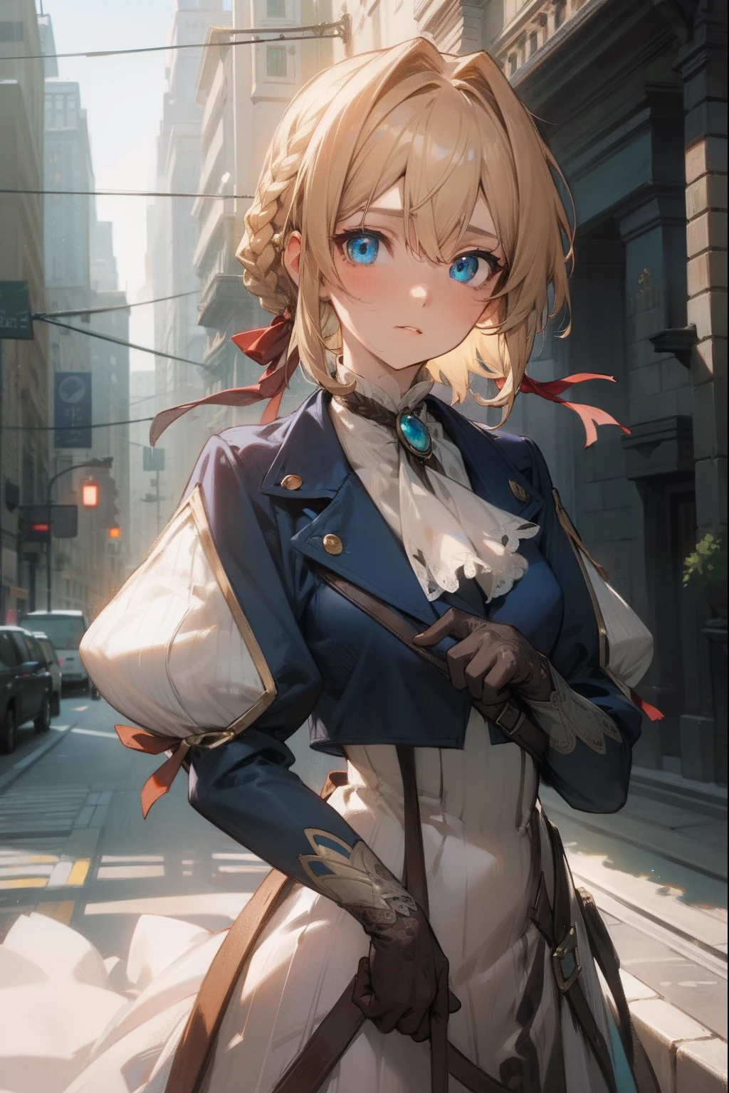 violetevergarden, violet evergarden, blonde hair, blue eyes, hair ribbon, ribbon, short hair, braids, hair braids, red ribbon, mature female,
BREAK blue jacket, brown gloves, cropped jacket, dress, gloves, green brooch, jacket, juliet sleeves, long sleeves, puffy sleeves, white dress,
BREAK looking at viewer,
BREAK outdoors, city,
BREAK (masterpiece:1.2), best quality, high resolution, unity 8k wallpaper, (illustration:0.8), (beautiful detailed eyes:1.6), extremely detailed face, perfect lighting, extremely detailed CG, (perfect hands, perfect anatomy),