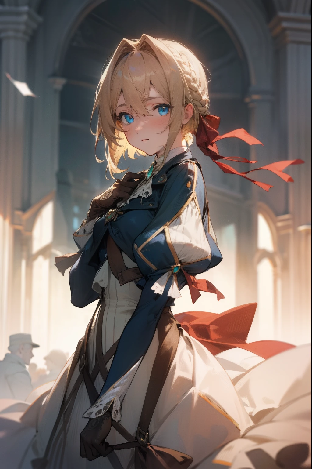 violetevergarden, violet evergarden, blonde hair, blue eyes, hair ribbon, ribbon, short hair, braids, hair braids, red ribbon, mature female,
BREAK blue jacket, brown gloves, cropped jacket, dress, gloves, green brooch, jacket, juliet sleeves, long sleeves, puffy sleeves, white dress,
BREAK looking at viewer,
BREAK outdoors, city,
BREAK (masterpiece:1.2), best quality, high resolution, unity 8k wallpaper, (illustration:0.8), (beautiful detailed eyes:1.6), extremely detailed face, perfect lighting, extremely detailed CG, (perfect hands, perfect anatomy),