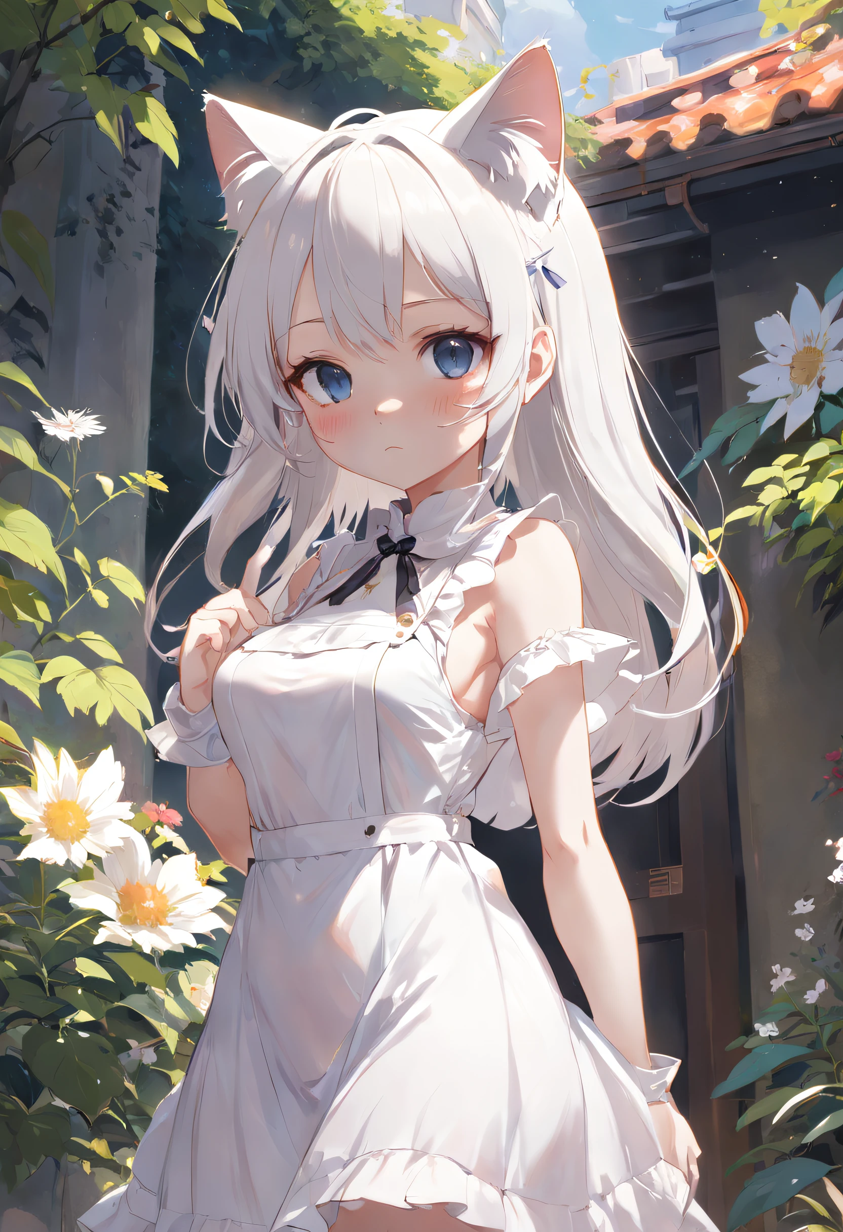 Anime cat-eared girl in white dress standing in garden, Lori in dress having breakfast, small curvy loli, artwork in the style of guweiz, guweiz on pixiv artstation, guweiz on artstation pixiv, guweiz, small loli girl, soft anime illustration, Anime visuals of cute girls, Detailed Digital Anime Art