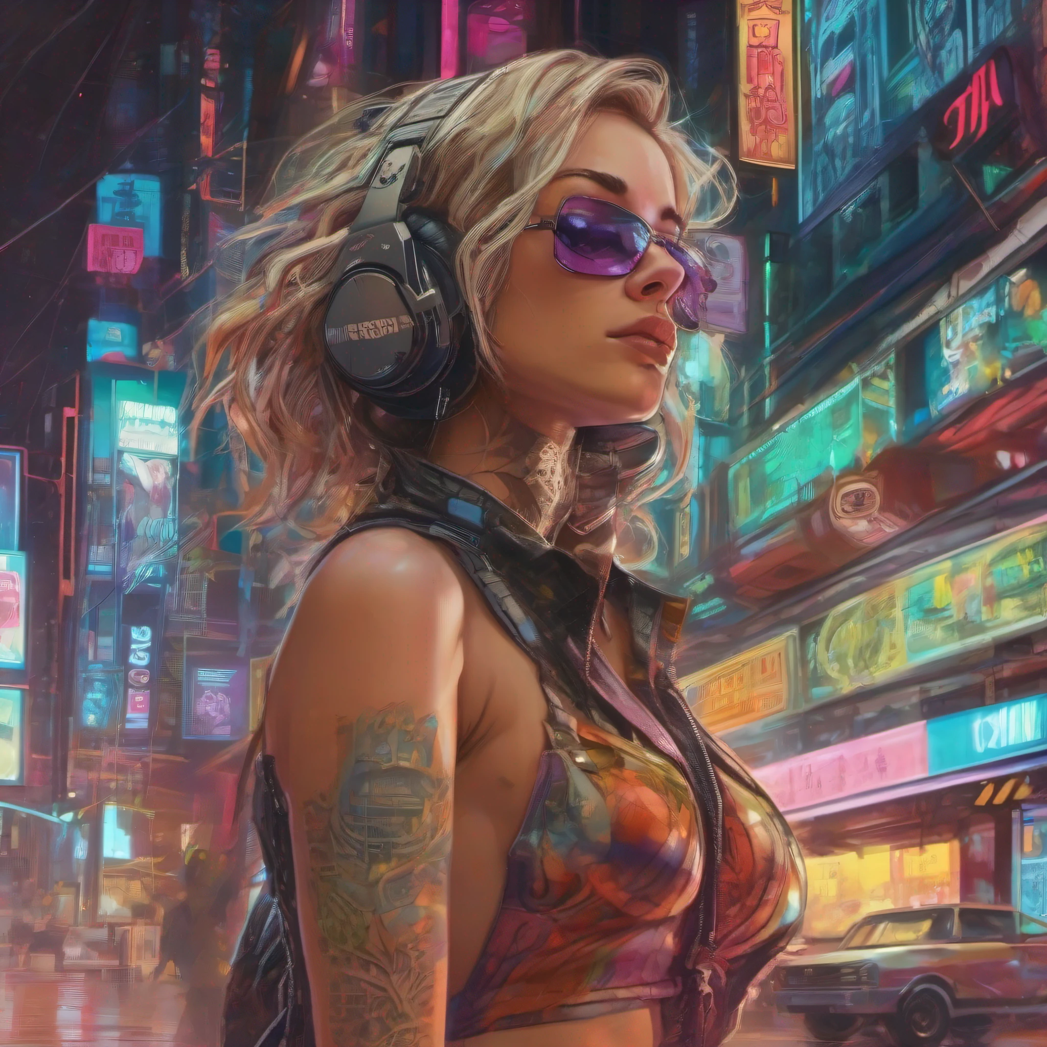 ((Cyberpunk art technique by Josan Gonzalez)), (Art inspired by the technique of Charles Lavesso) , NewYork beautiful Woman in cyberpunk street, ((Best masterpiece in the world)), art rich in colors, ((Realism)), (extremely beautiful girl: 1.5), mature, sexy blond woman, (very big breasts:1.7), (full body), (semi-naked girl), sexy pose, (Crisp face), (one eye is bionic), wearing headphones, random hair lock color, perfect body, strawberry mouth with shine, eyes symmetrical, seductive look, beautiful eyes ultra detailed and with brightness, makeup, perfect hands with 4 fingers and a thumb, full buttocks and rounded medium and laterally, protruding areolas, (pubic hair barely visible), piercing in the navel, tattoos on the body, tattoo style Irezumi, thin waist, tanned skin, shiny skin, hyper detailed skin with visible pores, small discolored body hairs, bionic, legging, (transparent crystal plastic top: 1.2), (transparent plastic bag), (transparent crystal plastic fabric), wet with sweat, (see through fabric), Cyber Punk style jacket, high heel shoes, ((Metropolises night city of Cyber Punk night background extremely detailed: 1.4)), cyber punk walking npcs, parked sport bikes, (billboards: 1.2), glass cover, disco, alley, beach, landscape, neon, wet floor, glow efect, (8k resolution: 1.2), (Canon EOS R6), Artstation trend, Lumen[, sharp, photorealistic art, Ray Tracing, (High Dynamic Range 10 plus), surrealism, shadow, stereogram, Lens Flare light, (hyper realistic light and shadow: 1.2)