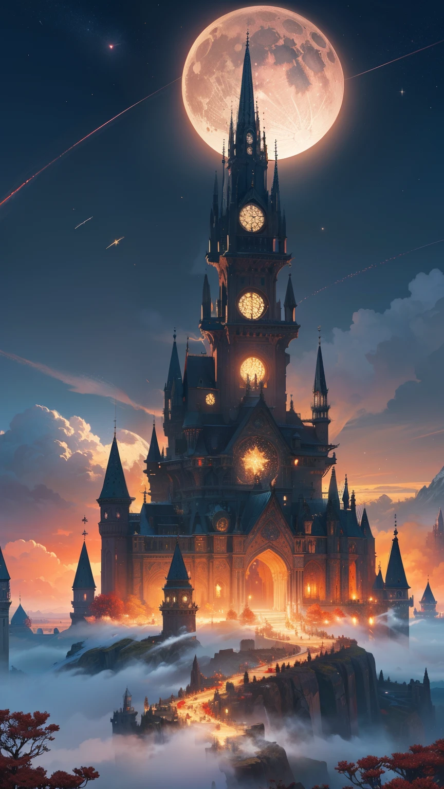 landscape, masterpiece,gorgeous, horizont,magic, tower, fire, flowers, artistic, red, dust, moon, best quality, colorful, reflections, fog, house, cosmic,fireflys,mosnter, deatiled,intricate, nature, ((no_humans)), star dust, flowers, particles, digital art