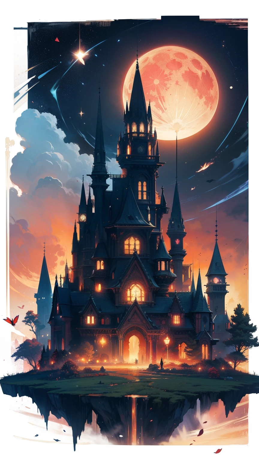 landscape, masterpiece,gorgeous, horizont,magic, tower, fire, flowers, artistic, red, dust, moon, best quality, colorful, reflections, fog, house, cosmic,fireflys,mosnter, deatiled,intricate, nature, ((no_humans)), star dust, flowers, particles, digital art