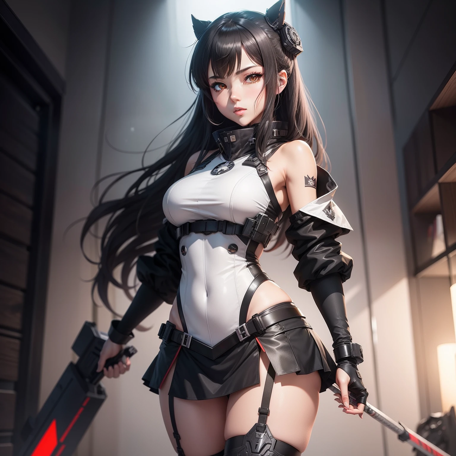 Black-haired mech girl,Inspired by the J-20 fighter,Mecha are mainly gray seductive anime shoujos, Anime figure; Full-body art, White skin,Chu Chu can be a man without losing the firmness of the warrior,The left hand holds a 130 cm long black metal spear,The right hand holds a black unicorn shield,Putting on a stern posture,Girls Frontline CG, lollipop, from girls frontline, kancolle, last exile anime, Fine details. Girl Front, Kantai collection style, Girl Front, Official artwork