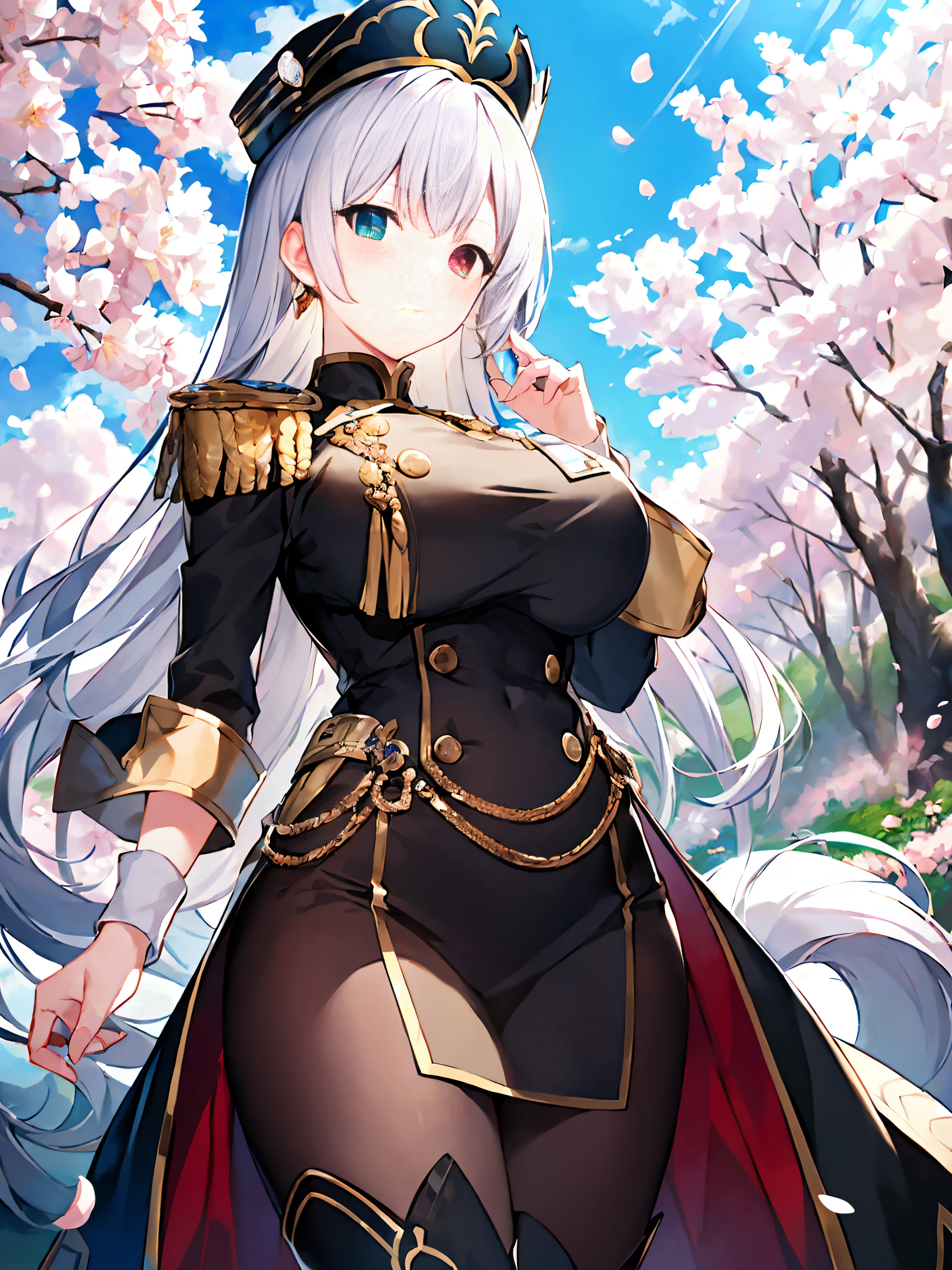 Blush stickers,epaulette,Pale skin,White_Hair,double tails,view the viewer,standing,Peaked hat,army suit,Cowboy boots,Cherry blossoms,Nature,Sunny,mid afternoon,in fall,Heterochromia,Cinematic lighting,fate grand order,Game CG,Huge_filesize ,scenery,anime coloring,(((Masterpiece))), (((Best quality))), ((Ultra-detailed)), (illustration), (Detailed light),((An extremely delicate and beautiful)),Dramatic_black shadows,Ray_tracing,((Masterpiece)), (((Best quality))), ((Ultra-detailed)), ((illustration)), Dynamic Angle