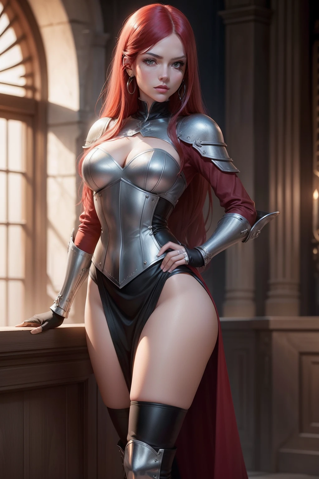 Erza Scarlet is one of the main characters in the series. The young woman with scarlet hair and brown eyes is described by Lucy Heartfilia herself as an incredible woman, very strict and who does not admit when others make mistakes. She is a slender figure with well-designed curves. Her most common attire consists of custom-made armor, a blue skirt, black boots and diamond-shaped earrings, in high resolution, detailed, HD quality.