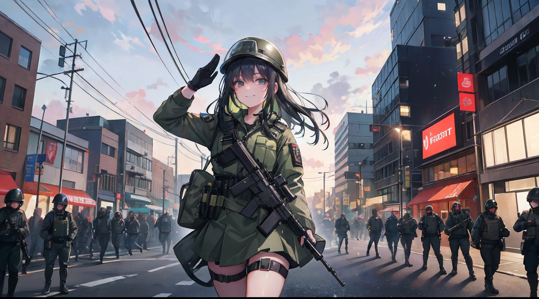 A girl in a green military uniform,grinning smile,Shy,Warm street lights,down town,Superskirt,Saluting,Wear a steel helmet,The steel helmet has a solid red five-pointed star,Long legs are exposed,Shooting stars dart across the sky,Riot police confront the crowd behind them,SWAT officers all wear face coverings,The girl's hair is black,The Milky Way is in the sky,A rifle hangs horizontally from the girl's chest,Some of the SWAT officers were armed with rifles, others with blast-proof shields and batons