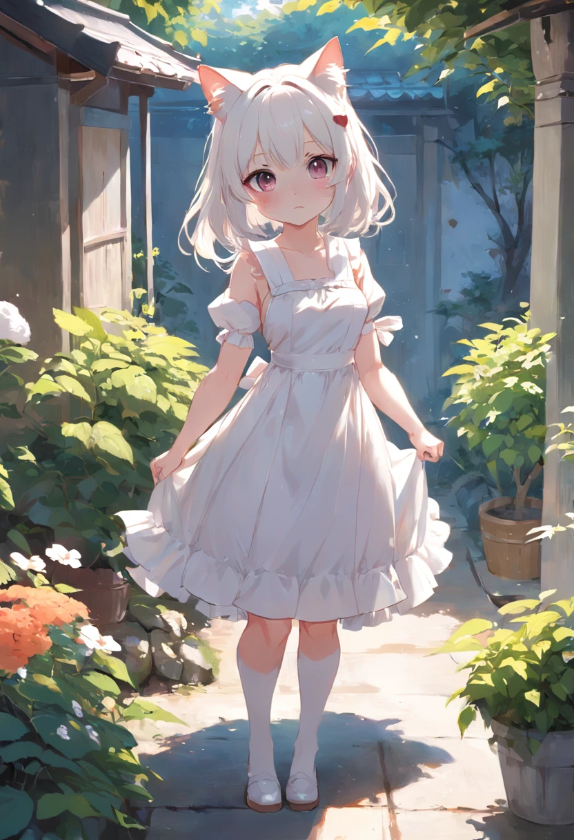 Anime cat-eared girl in white dress standing in garden, Make breakfast，loli in dress, small curvy loli, artwork in the style of guweiz, guweiz on pixiv artstation, guweiz on artstation pixiv, guweiz, small loli girl, soft anime illustration, Anime visuals of cute girls, Detailed Digital Anime Art