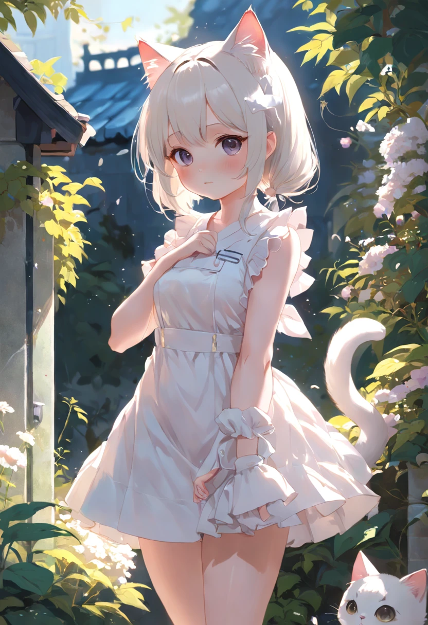 Anime cat-eared girl in white dress standing in garden, Make breakfast，loli in dress, small curvy loli, artwork in the style of guweiz, guweiz on pixiv artstation, guweiz on artstation pixiv, guweiz, small loli girl, soft anime illustration, Anime visuals of cute girls, Detailed Digital Anime Art