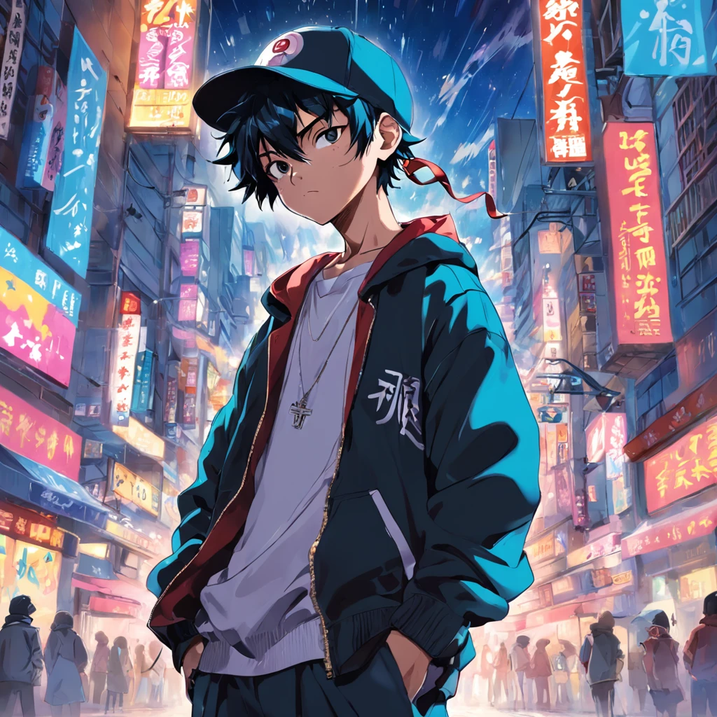 tmasterpiece,best qualtiy,Araki Hiruhiko's painting style,Hip-hop ager in the 90s,Free and infectious hip hop picture background,Microphone in hand,Reverse with a cap,Clothing in a variety of colors,Meticulous portrayal of characters,4k