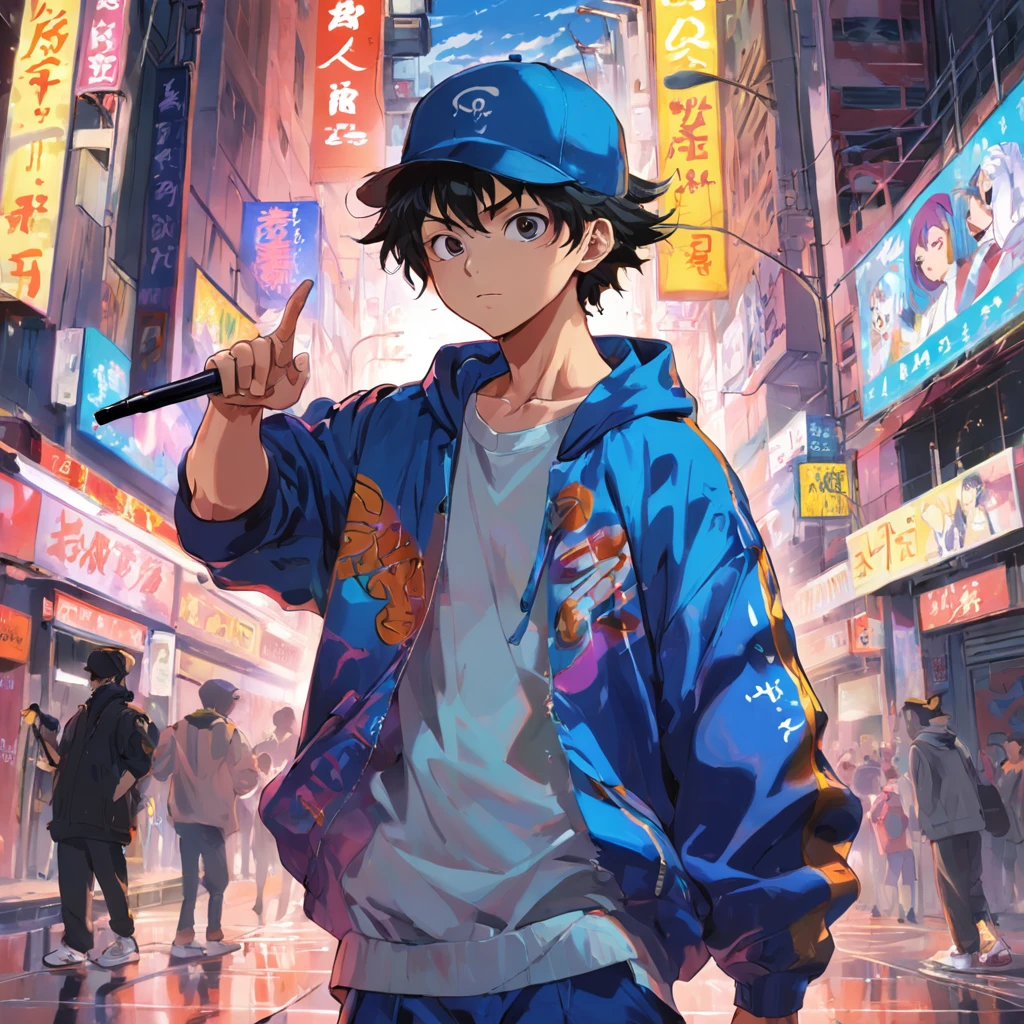 tmasterpiece，best qualtiy，Araki Hiruhiko's painting style，Hip-hop teenager in the 90s，Free and infectious hip hop picture background，Microphone in hand，Reverse with a cap，Clothing in a variety of colors，Meticulous portrayal of characters，4k