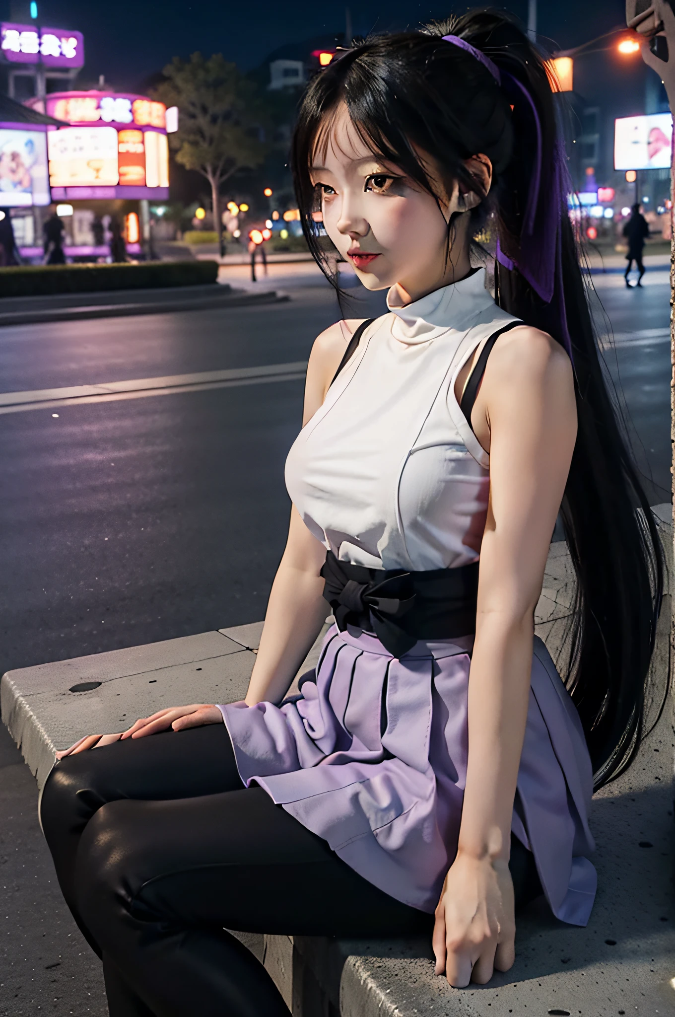 sleeveless shirts, young 1girl, solo, sakifuwa, glazed eyes, very long hair, ponytail, orange eyes, black hair, ahoge, black tights, long leggings, purple strain of hair, very purple long skirt, sit at the park, night time