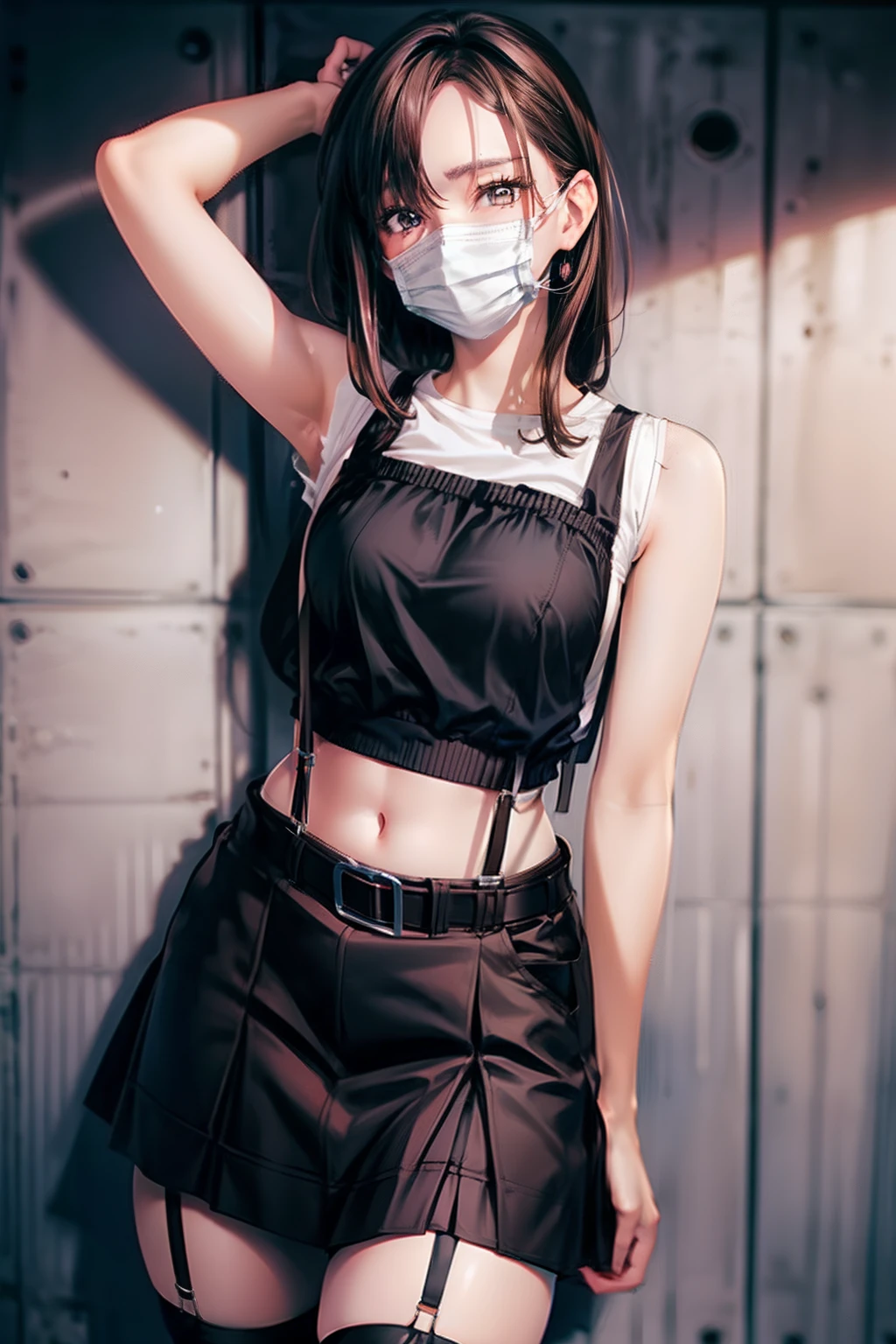 skirt by the, Tank Top Suspenders, Brown hair short, Gray eyes, Garter belt on the legs, Big and tight clothes, a belt Armpit sweat Expressionless Mask