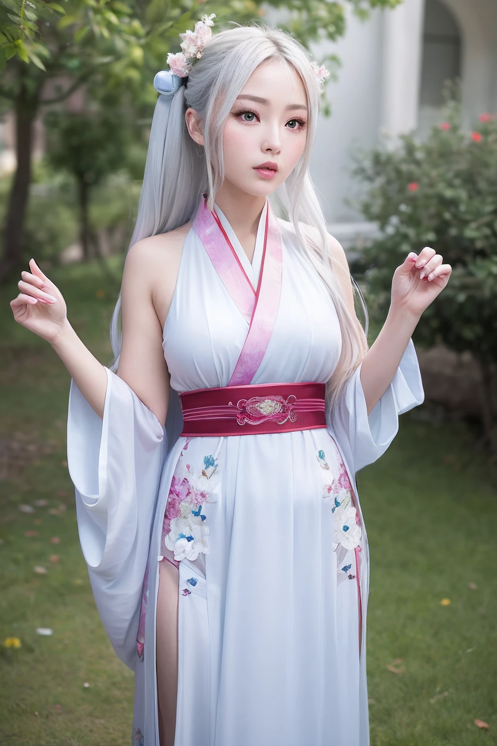 ulzang-6500-v1.1,(RAW photo:1.2),((Photorealistic:1.4))Best quality ,Masterpiece, illustration, An extremely delicate and beautiful, Extremely detailed ,CG ,Unity ,8K wallpaper, Amazing, finedetail, Masterpiece,Best quality,offcial art,Extremely detailed Cg Unity 8K wallpaper,absurderes, unbelievable Ridiculous, hugefilesize, Ultra-detailed, A high resolution, Extremely detailed,Beautiful detailed girl, Extremely detailed eyes and face, Beautiful detailed eyes,light in face,Cinematic lighting,((Hanfu)),1girll,full bodyesbian,full body shot of,See-through,view the viewer,((White hair)),((blissful))