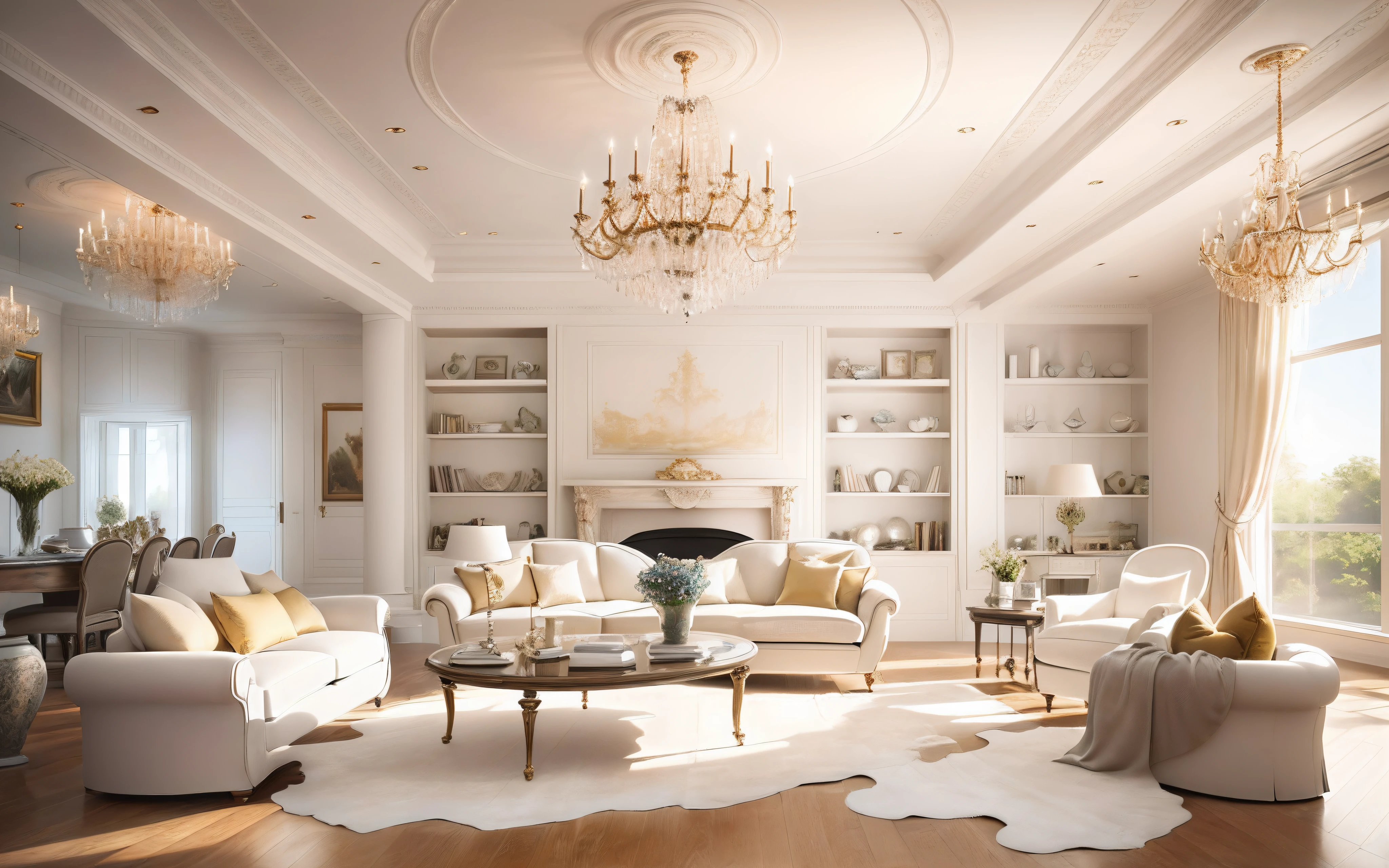 arafed living room with a large window and a chandelier, elegant and refined, luxury hd render, elegant render, stunning render, neoclassical style, beautiful aesthetic design, beauteous sumptuous, cream and white color scheme, crisp smooth clean lines, neo - classical style, very refined, high-quality render, cozy contemporary living room, in majestic, magnificent design